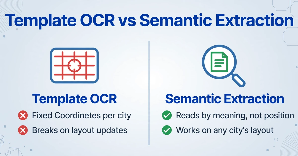 Two-column comparison titled 'Template OCR vs Semantic Extraction'. Left column shows a grid/coordinate icon labeled 'Template OCR' with 'Fixed coordinates per city' and 'Breaks on layout updates' marked with red X symbols. Right column shows a magnifying glass over document icon labeled 'Semantic Extraction' with 'Reads by meaning, not position' and 'Works on any city's layout' marked with green checkmarks.