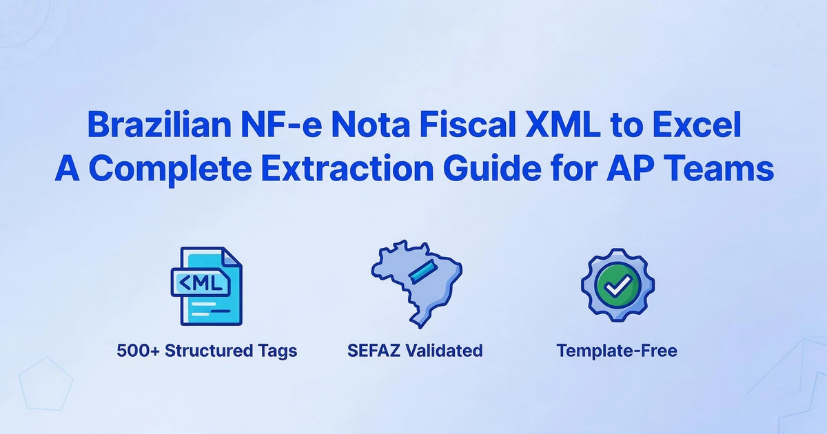 Blog cover image with the title 'Brazilian NF-e Nota Fiscal XML to Excel: A Complete Extraction Guide for AP Teams' and three icons below representing 500+ structured tags, SEFAZ validation, and template-free extraction