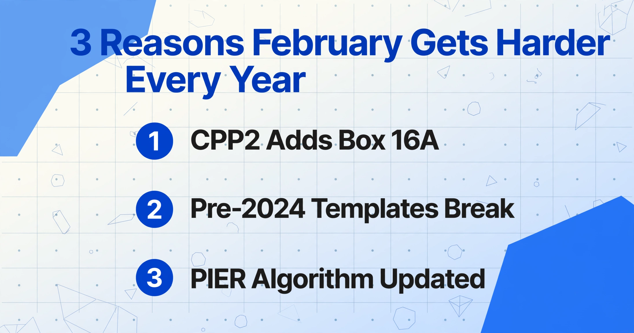 List infographic with title '3 Reasons February Gets Harder Every Year' and three numbered items: CPP2 Adds Box 16A, Pre-2024 Templates Break, PIER Algorithm Updated