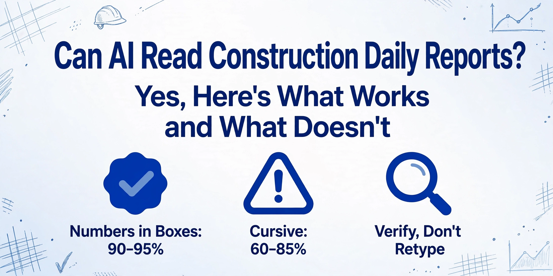 Blog cover image with headline asking if AI can read construction daily reports, with icons showing accuracy ranges for numbers and cursive text