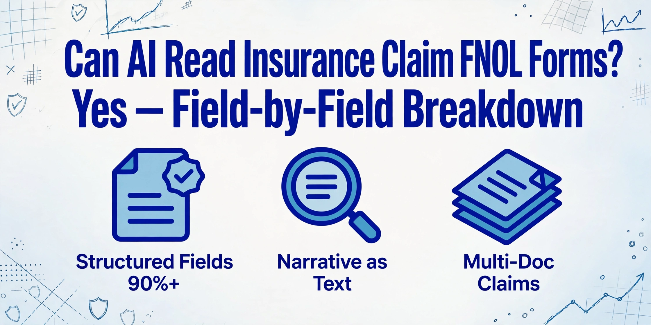 Blog cover image with title about AI reading insurance claim FNOL forms, three icons showing structured fields accuracy, narrative as text, and multi-document claims