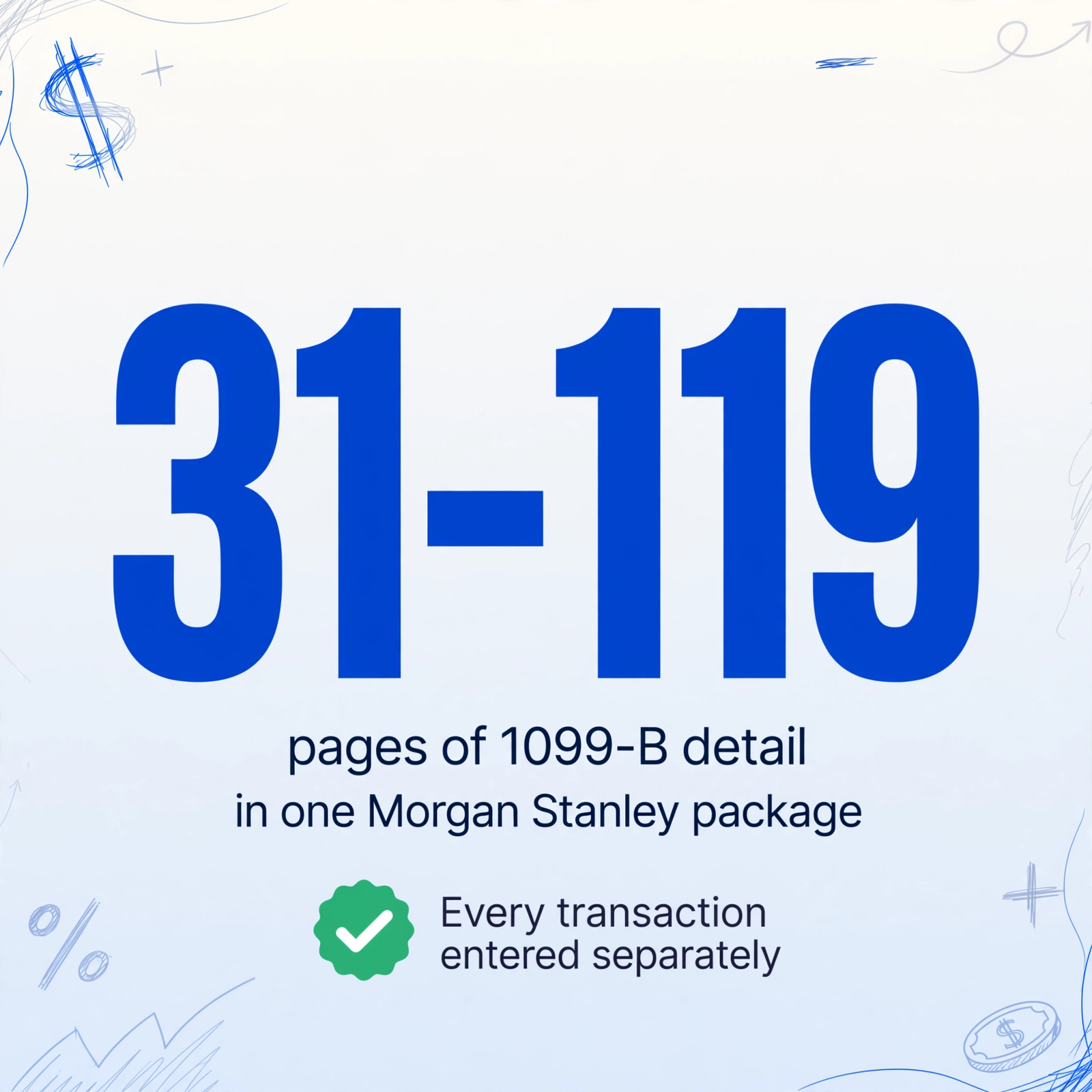 Infographic with large number 31-119, caption pages of 1099-B detail in one Morgan Stanley package, and a green checkmark badge with text Every transaction entered separately, on light blue gradient background with hand-drawn line decorations
