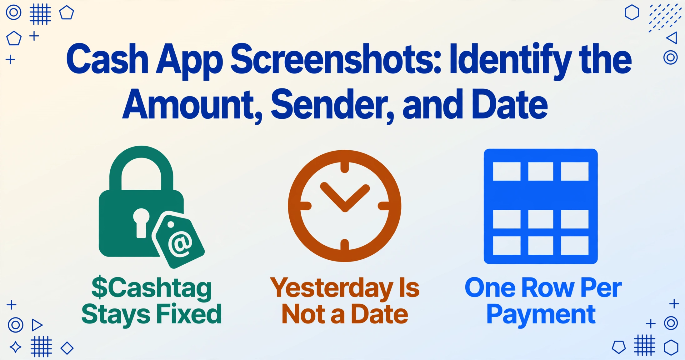 Blog cover image with the title Cash App Screenshots: Identify the Amount, Sender, and Date, plus three icons reading $Cashtag Stays Fixed, Yesterday Is Not a Date, and One Row Per Payment.
