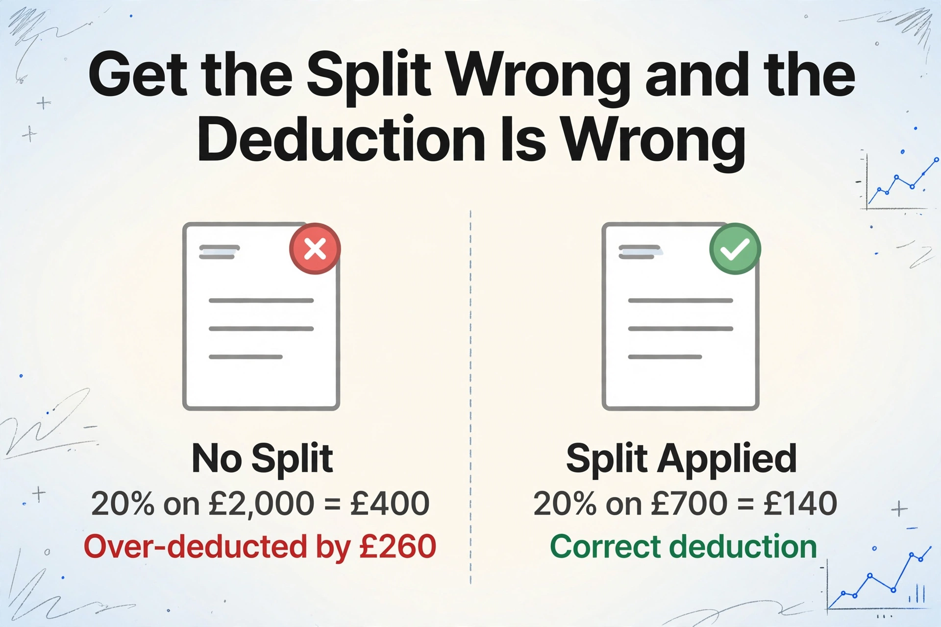 Comparison of CIS deduction with and without the labour-materials split, showing over-deduction of 260 pounds when no split is applied