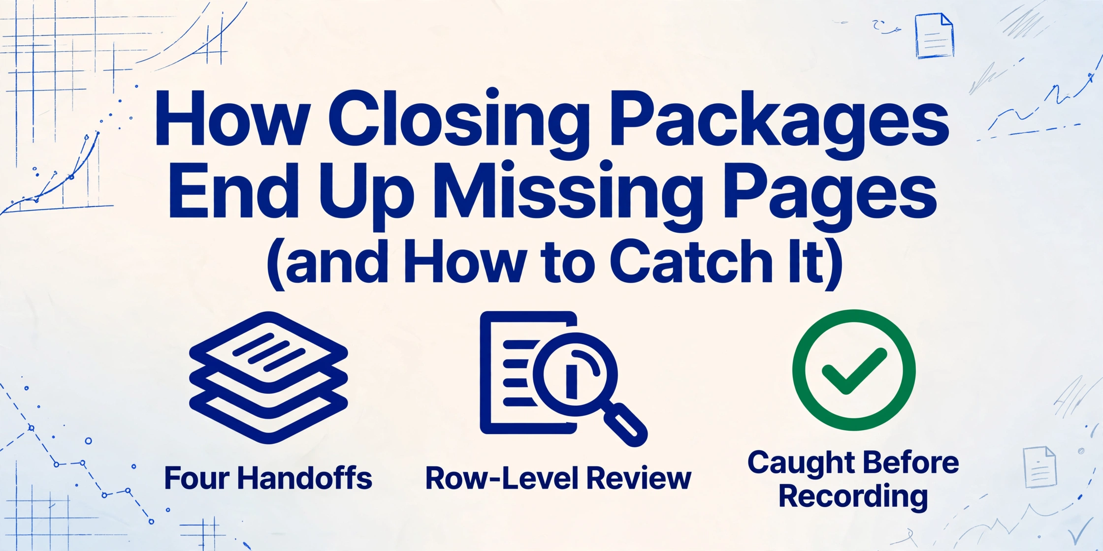Hero image with the title 'How Closing Packages End Up Missing Pages (and How to Catch It)' in dark blue, three icons below for Four Handoffs, Row-Level Review, and Caught Before Recording, with hand-drawn blue line decorations in the corners