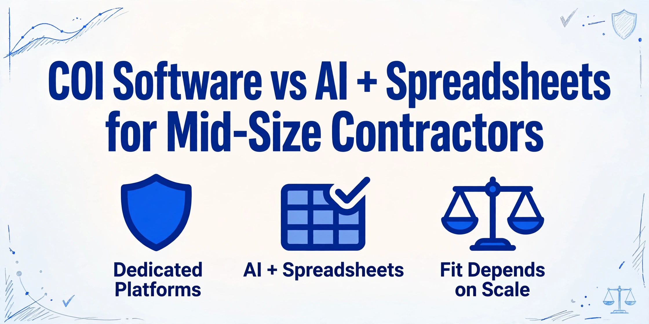Comparison of COI tracking software versus AI plus spreadsheets for mid-size contractors, with icons for dedicated platforms, AI plus spreadsheets, and scale-based fit