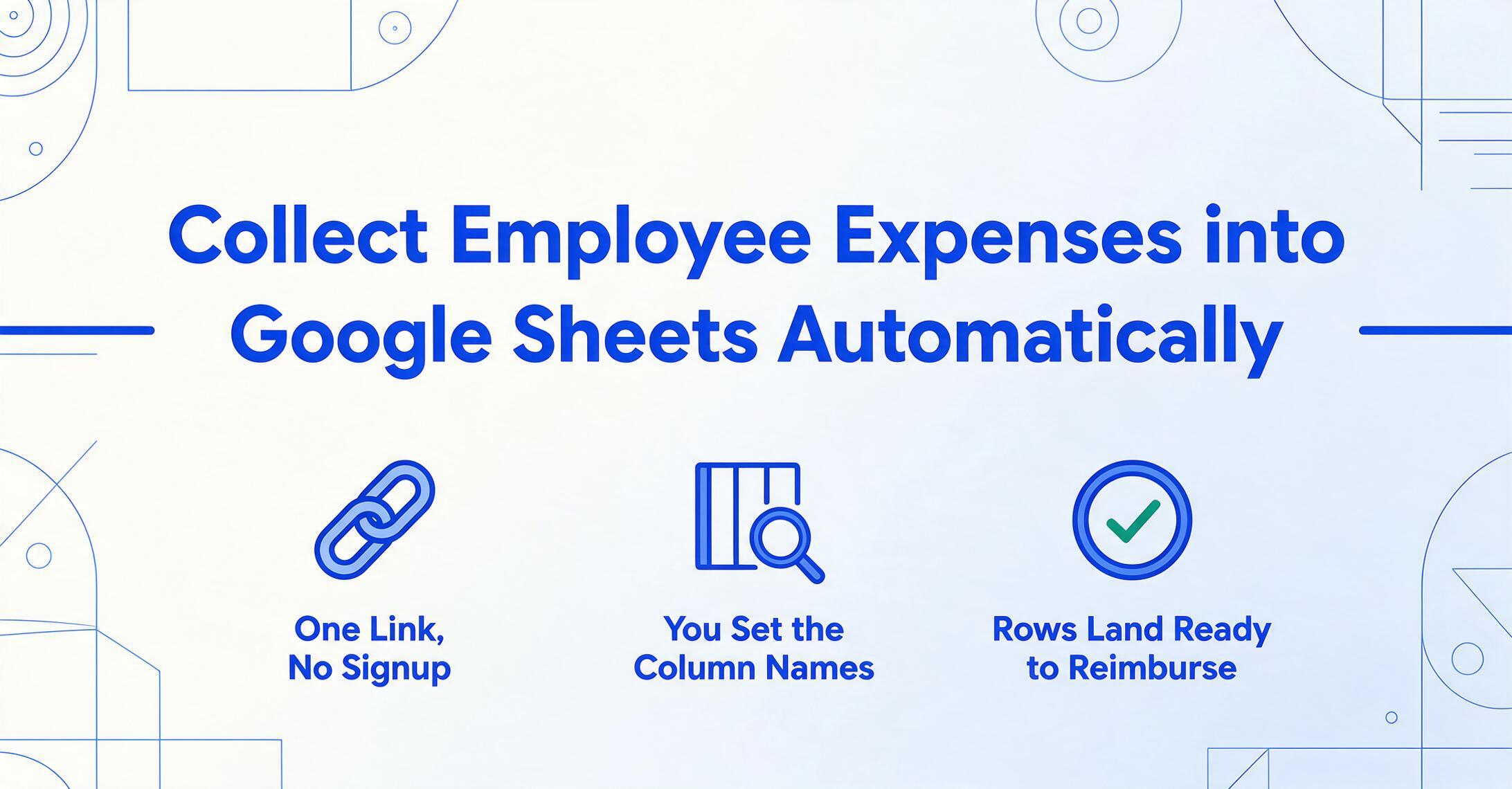 Editorial blog cover with the title Collect Employee Expenses into Google Sheets Automatically in large dark blue type, above three flat vector icons: a link labeled One Link, No Signup, a table-column icon labeled You Set the Column Names, and a circular green check badge labeled Rows Land Ready to Reimburse.