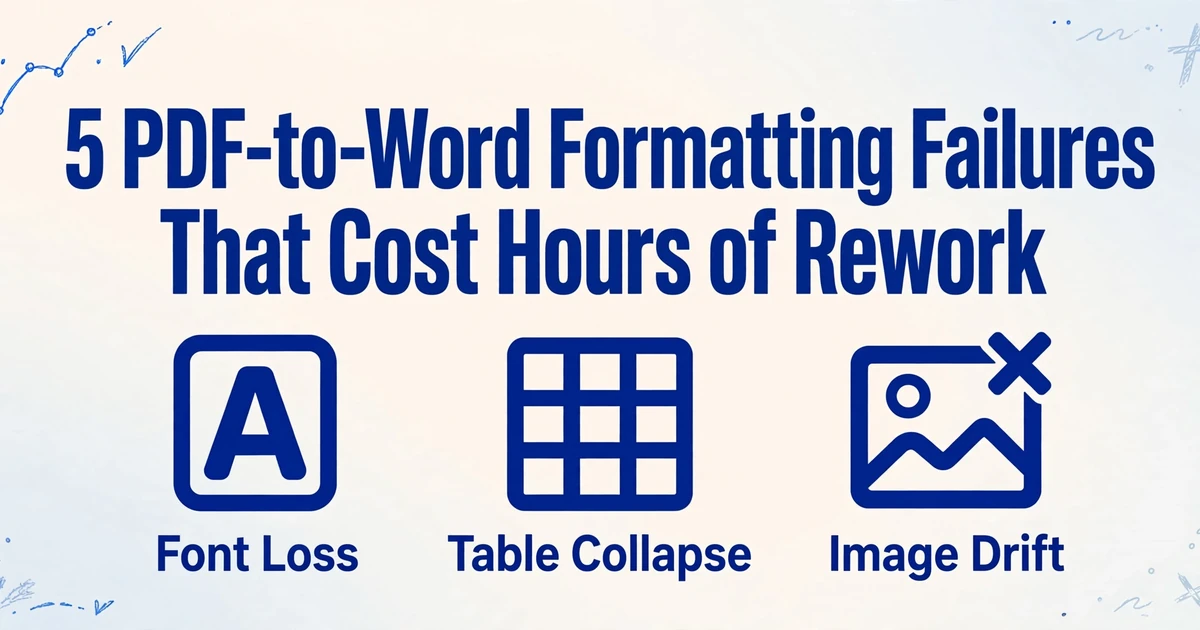 Title '5 PDF-to-Word Formatting Failures That Cost Hours of Rework' with three icons below showing Font Loss, Table Collapse, and Image Drift
