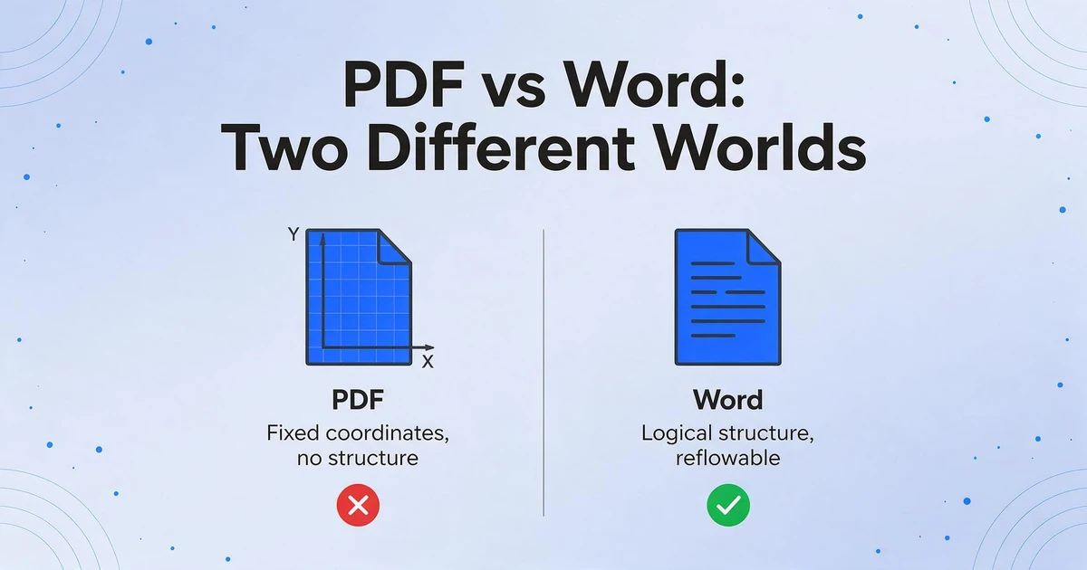 Side-by-side comparison of PDF as fixed coordinates versus Word as logical structure, with red X on PDF side and green checkmark on Word side