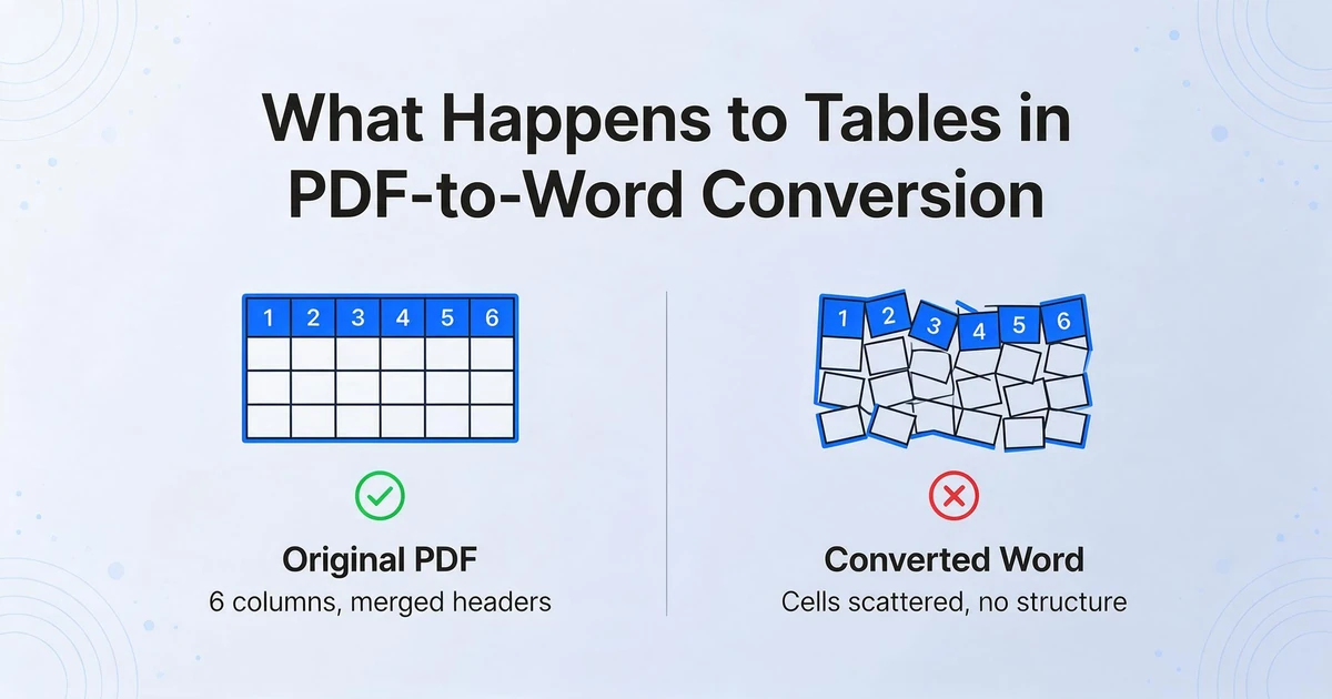 Side-by-side comparison of an intact table in original PDF versus a collapsed table with scattered cells in converted Word, with green checkmark on PDF side and red X on Word side