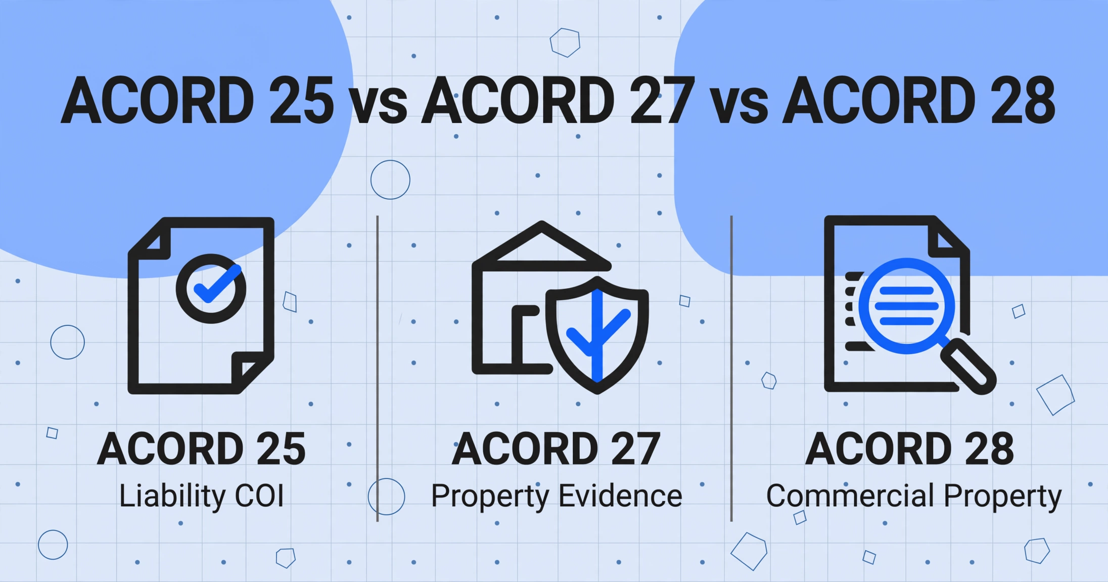ACORD 25 일반배상책임 COI, ACORD 27 자산 증빙, ACORD 28 상업용 자산 양식의 3열 비교