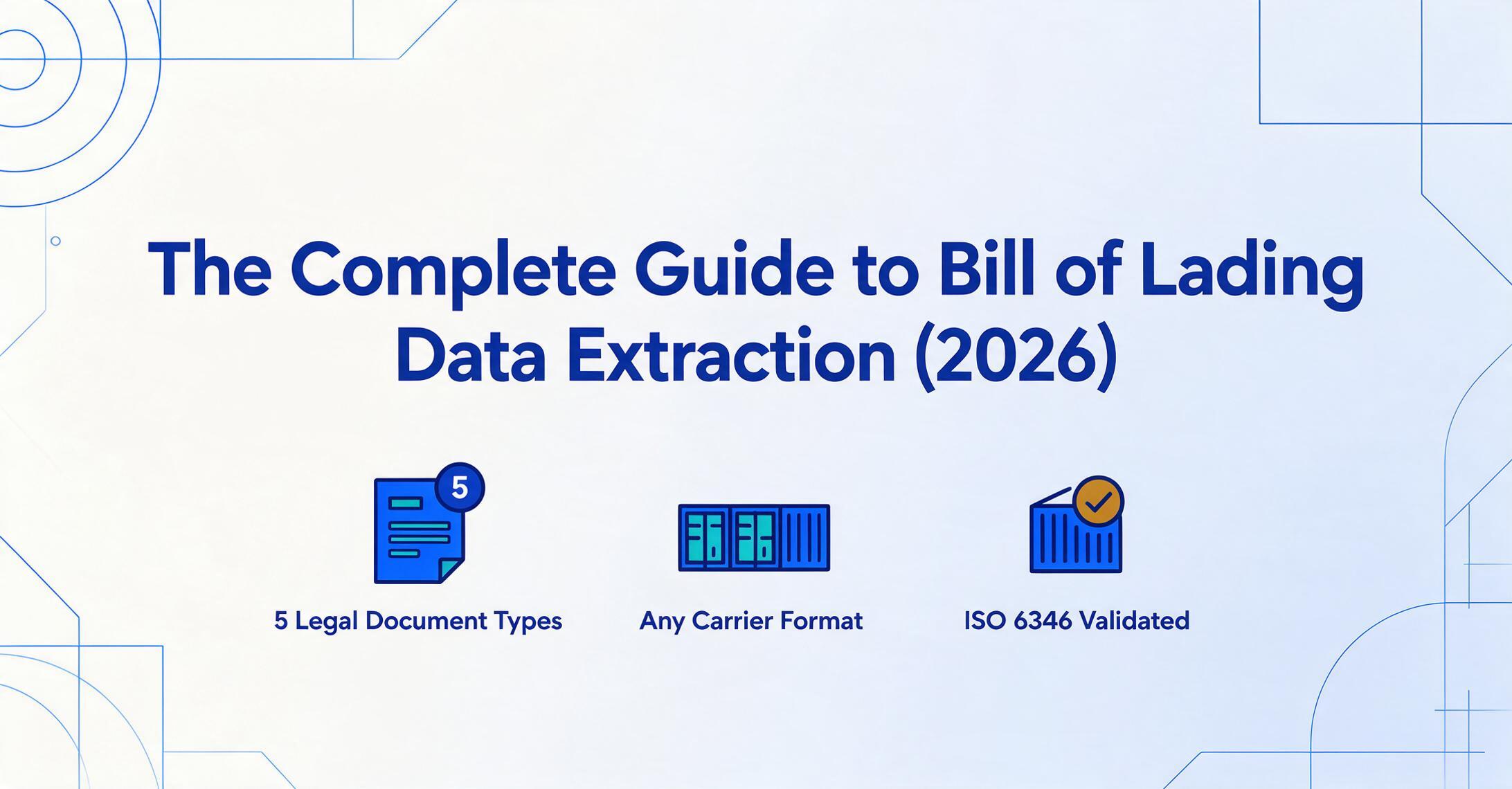 Blog cover illustration with the title 'The Complete Guide to Bill of Lading Data Extraction (2026)' and three icon points: 5 Legal Document Types, Any Carrier Format, ISO 6346 Validated, on a light blue gradient background with geometric line decorations