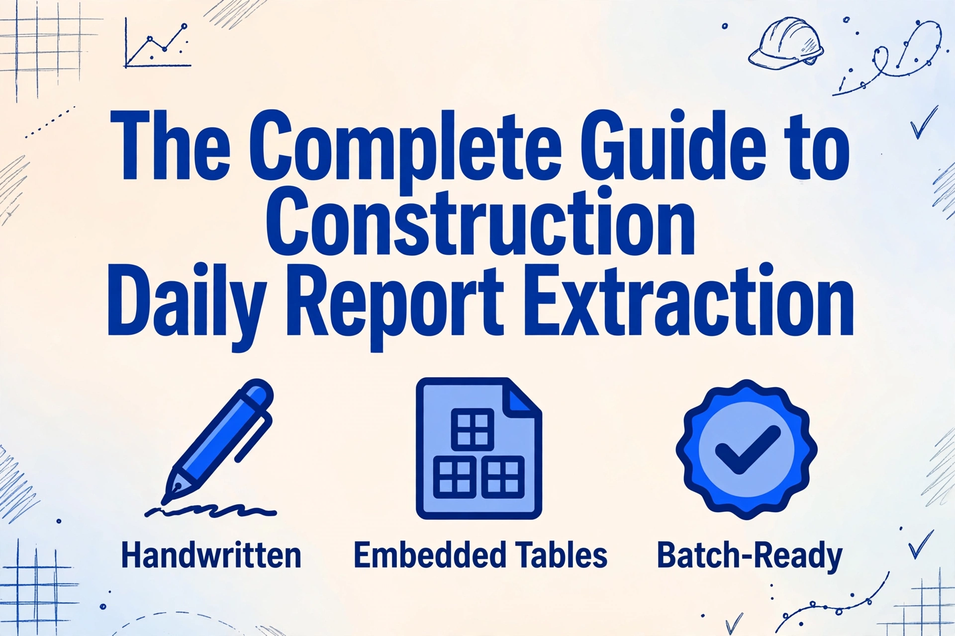 Image de héros avec le titre « Le guide complet de l'extraction des rapports quotidiens de chantier » en grand texte bleu foncé, avec trois icônes en dessous pour Manuscrit, Tableaux intégrés et Prêt pour le traitement par lots, sur un fond dégradé clair avec des décorations de lignes bleues dessinées à la main.
