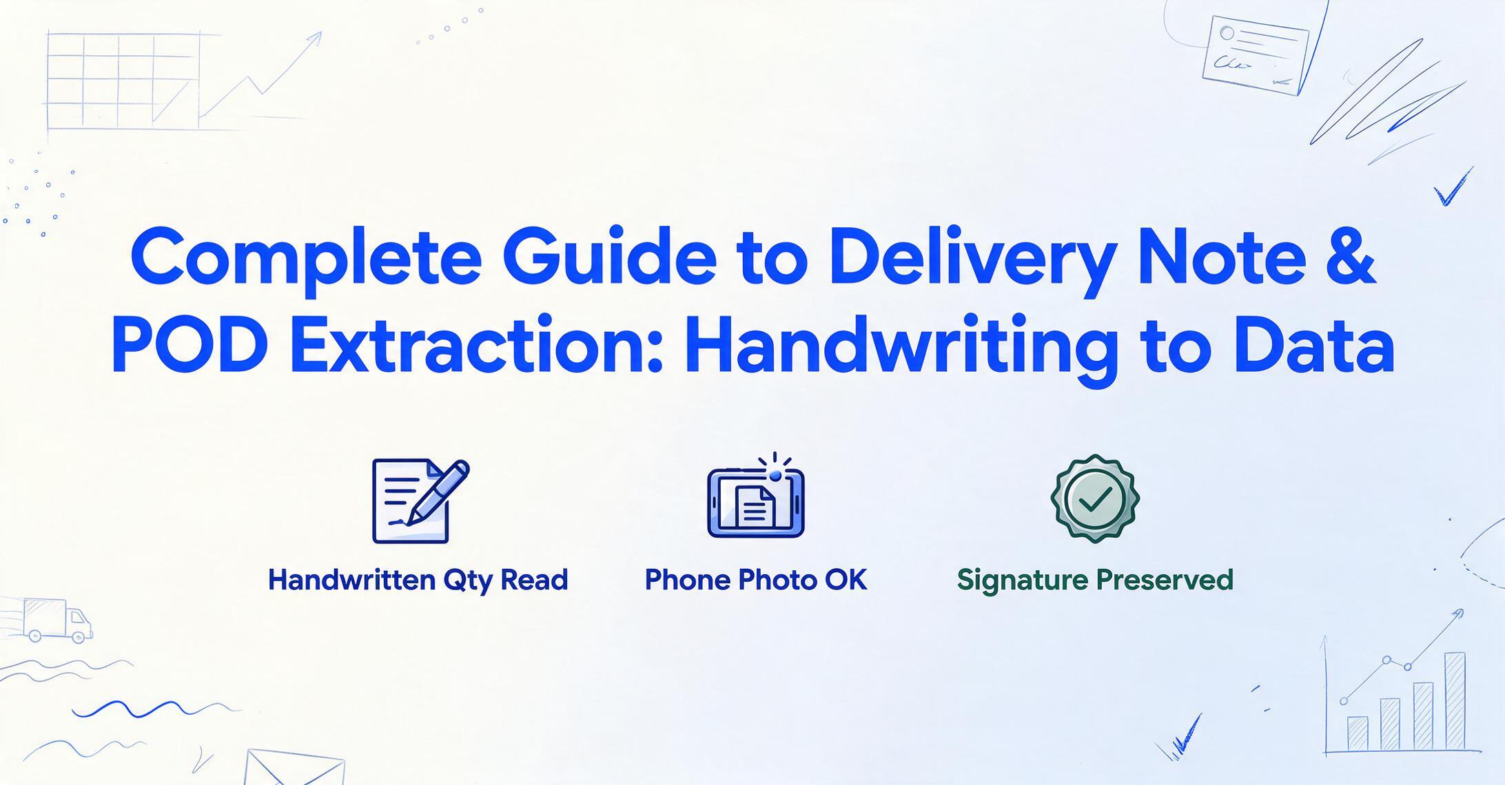 Complete Guide to Delivery Note and POD Extraction with icons for handwritten quantity, phone photo, and signature preservation