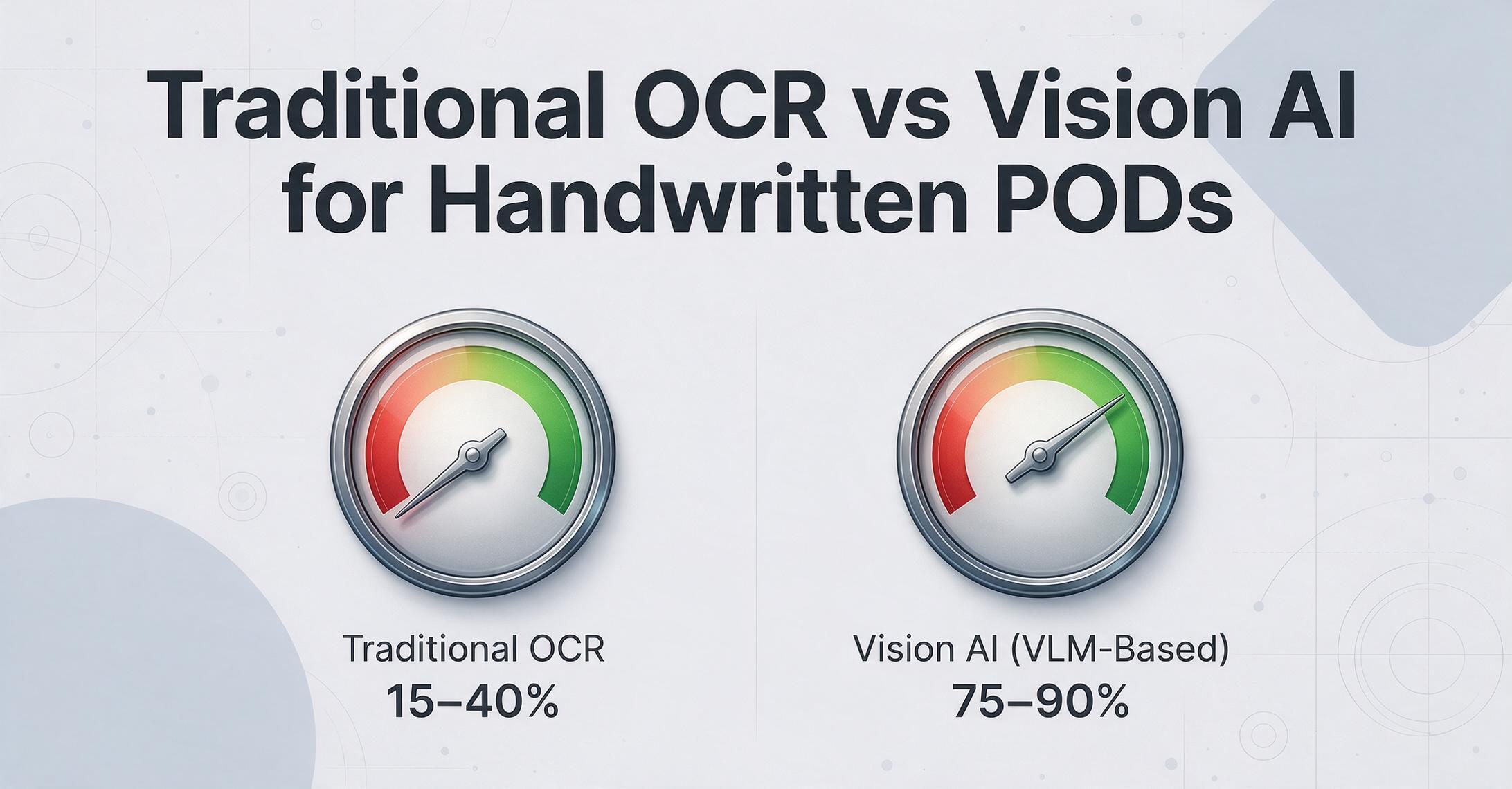 Comparison of Traditional OCR with 15-40 percent accuracy versus Vision AI with 75-90 percent accuracy on handwritten PODs