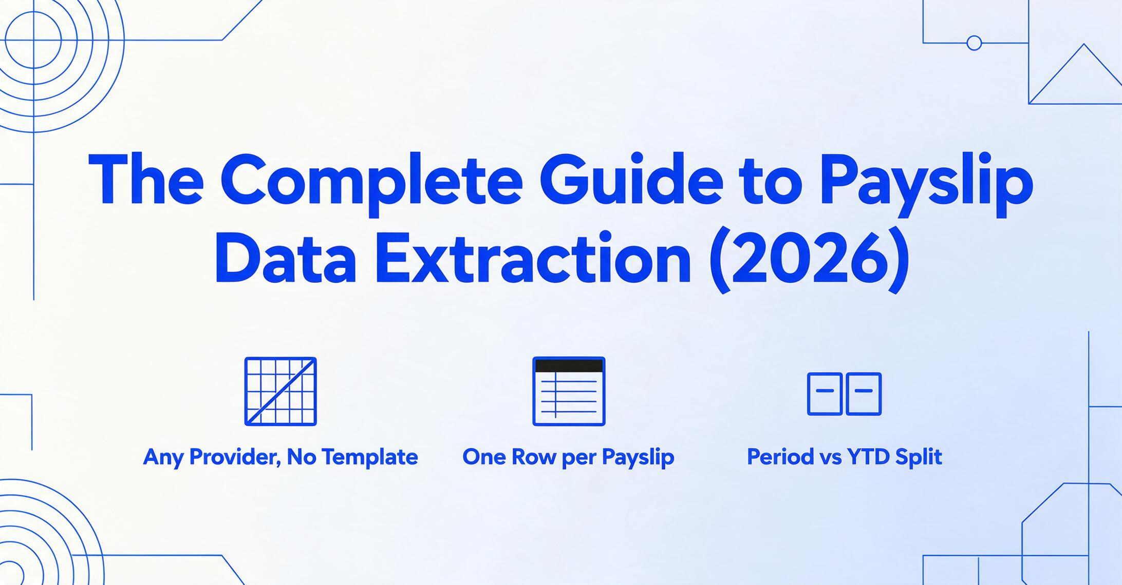 Editorial-style hero graphic with the bold dark blue title 'The Complete Guide to Payslip Data Extraction (2026)' above three flat vector icons: a slashed template grid labeled 'Any Provider, No Template', a spreadsheet labeled 'One Row per Payslip', and two side-by-side blocks labeled 'Period vs YTD Split'.