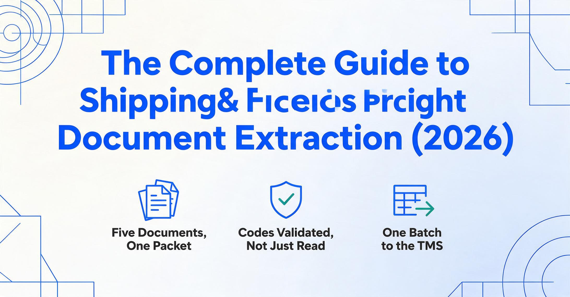 Hero information card with the bold dark blue title The Complete Guide to Shipping & Freight Document Extraction (2026) above three flat vector icons: stacked documents labeled Five Documents, One Packet, a shield with a green check labeled Codes Validated, Not Just Read, and a spreadsheet with an arrow labeled One Batch to the TMS.