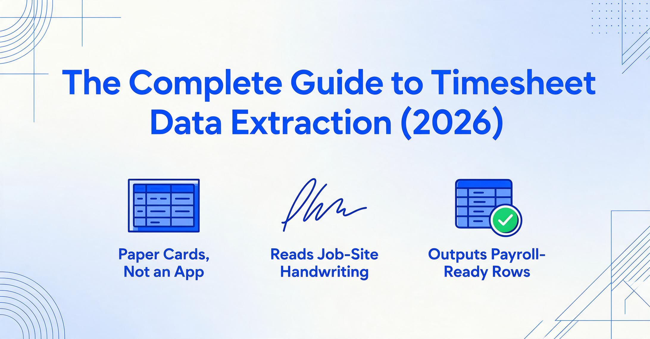 Blog hero graphic with the bold dark blue title 'The Complete Guide to Timesheet Data Extraction (2026)' above three outline icons: a paper timesheet card labeled 'Paper Cards, Not an App', handwriting strokes labeled 'Reads Job-Site Handwriting', and a grid with a green checkmark labeled 'Outputs Payroll-Ready Rows', set on a soft light gradient with blue geometric line decorations in the corners.