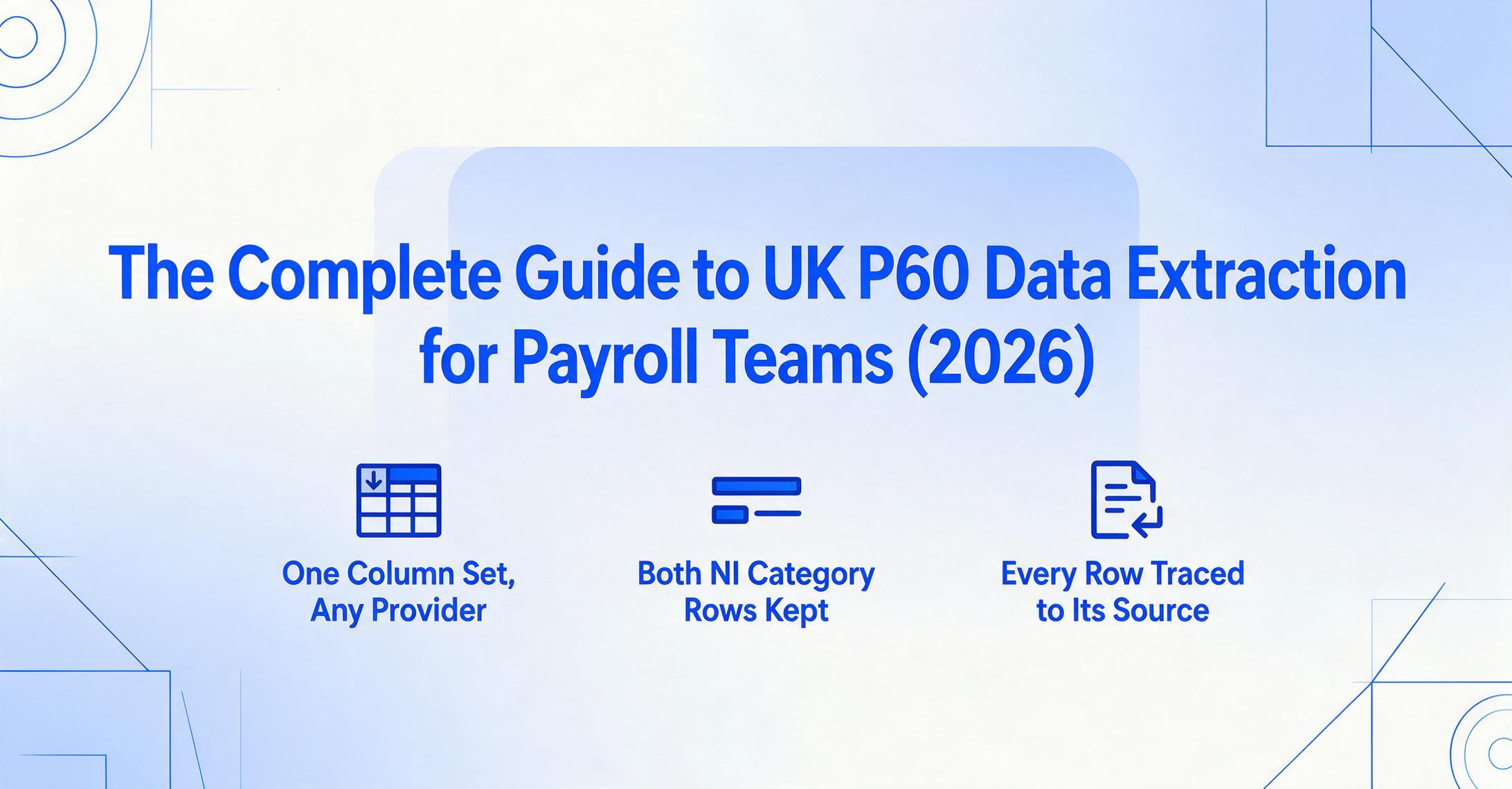 Editorial blog cover with the title 'The Complete Guide to UK P60 Data Extraction for Payroll Teams (2026)' in bold dark blue, above three flat icons showing one column set for any provider, both NI category rows kept, and every row traced to its source P60, on a cream to pale blue gradient background with blue geometric line decorations in the corners.