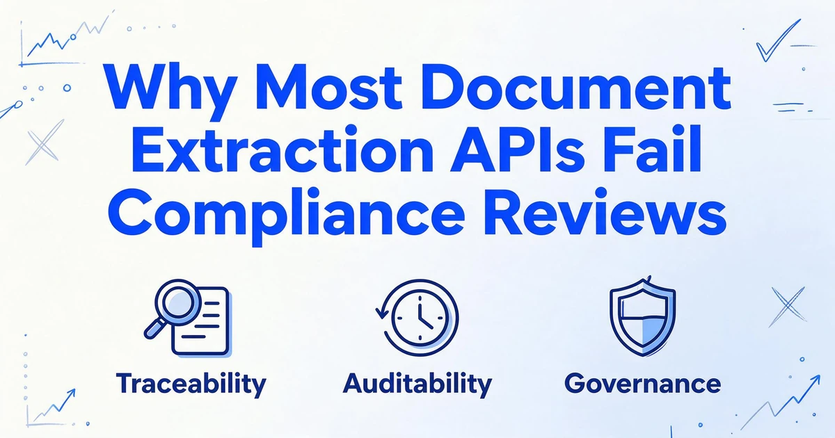 Blog-Titelbild mit dem Titel 'Warum die meisten Dokumentextraktions-APIs Compliance-Prüfungen nicht bestehen' und drei Symbolen für Traceability, Auditierbarkeit und Governance
