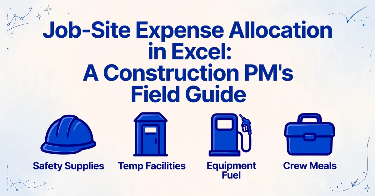 Hero-Bild mit dem Artikeltitel 'Job-Site Expense Allocation in Excel: A Construction PM's Field Guide' und vier Symbolen für Sicherheitsausrüstung, temporäre Einrichtungen, Gerätekraftstoff und Crew-Mahlzeiten.