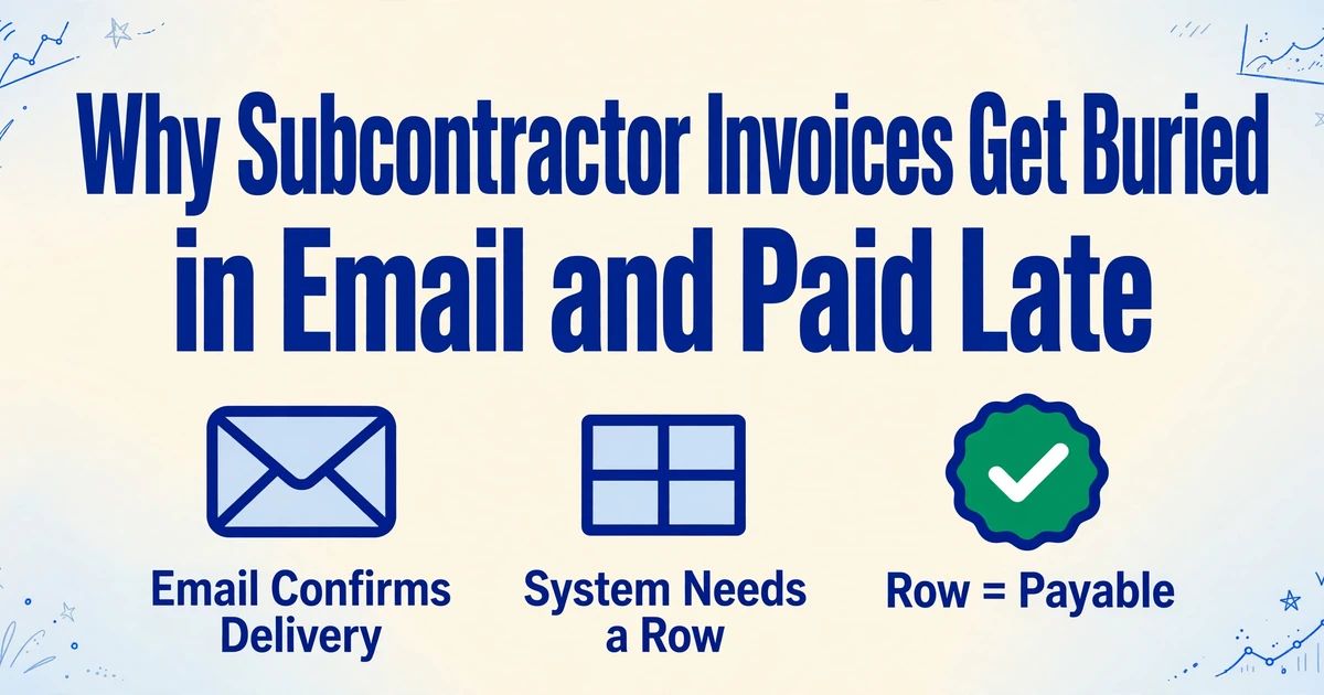 Title 'Why Subcontractor Invoices Get Buried in Email and Paid Late' with three icons below: email confirming delivery, table needing a row, and green checkmark for row equals payable.