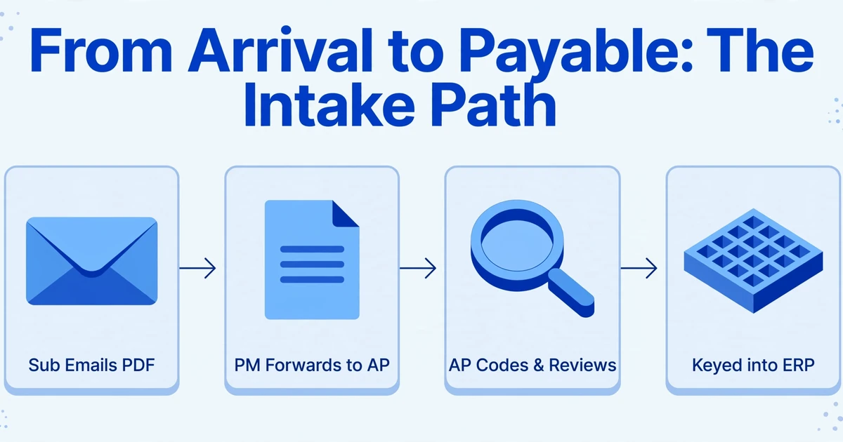 Flow diagram titled 'From Arrival to Payable: The Intake Path' with four isometric icons connected by arrows: email, document, magnifying glass, and table, labeled 'Sub Emails PDF', 'PM Forwards to AP', 'AP Codes & Reviews', 'Keyed into ERP'.