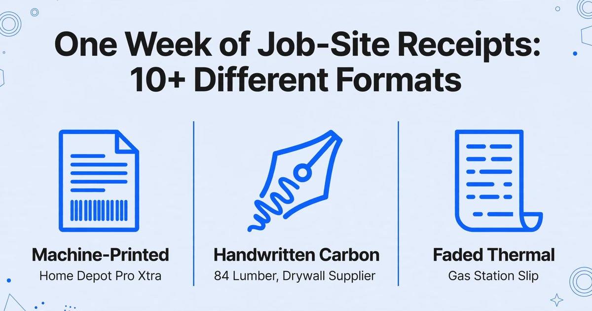 Tableau comparatif à trois colonnes intitulé 'Une semaine de reçus de chantier : plus de 10 formats différents' montrant trois types de reçus : un document imprimé par machine étiqueté 'Imprimé par machine' avec 'Home Depot Pro Xtra', une écriture manuscrite étiquetée 'Carbone manuscrit' avec '84 Lumber, fournisseur de bois', et un reçu thermique étroit et délavé étiqueté 'Thermique délavé' avec 'Reçu de station-service', sur un fond dégradé bleu-gris clair.