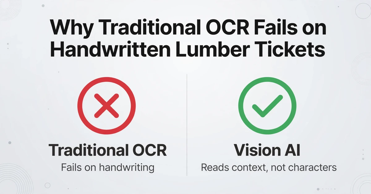Tableau comparatif à deux colonnes intitulé « Pourquoi l'OCR traditionnel échoue sur les tickets de scierie manuscrits » avec un badge rouge X étiqueté « OCR traditionnel » et « Échoue sur l'écriture manuscrite » à gauche, et un badge vert à cocher étiqueté « Vision IA » et « Lit le contexte, pas les caractères » à droite, sur un fond dégradé gris clair.