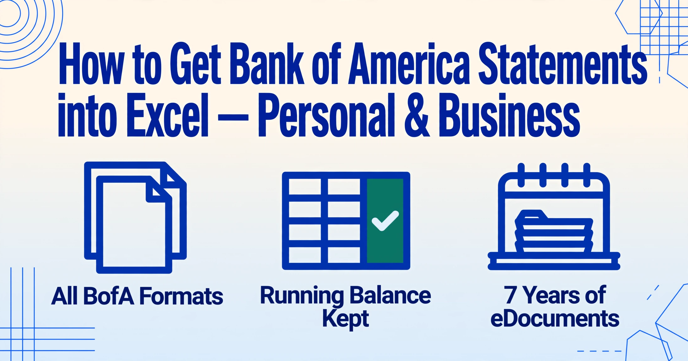Gráfico do herói do blog com o título Como Obter Extratos do Bank of America no Excel e três ícones: Todos os Formatos BofA, Saldo Anterior Mantido e 7 Anos de eDocuments