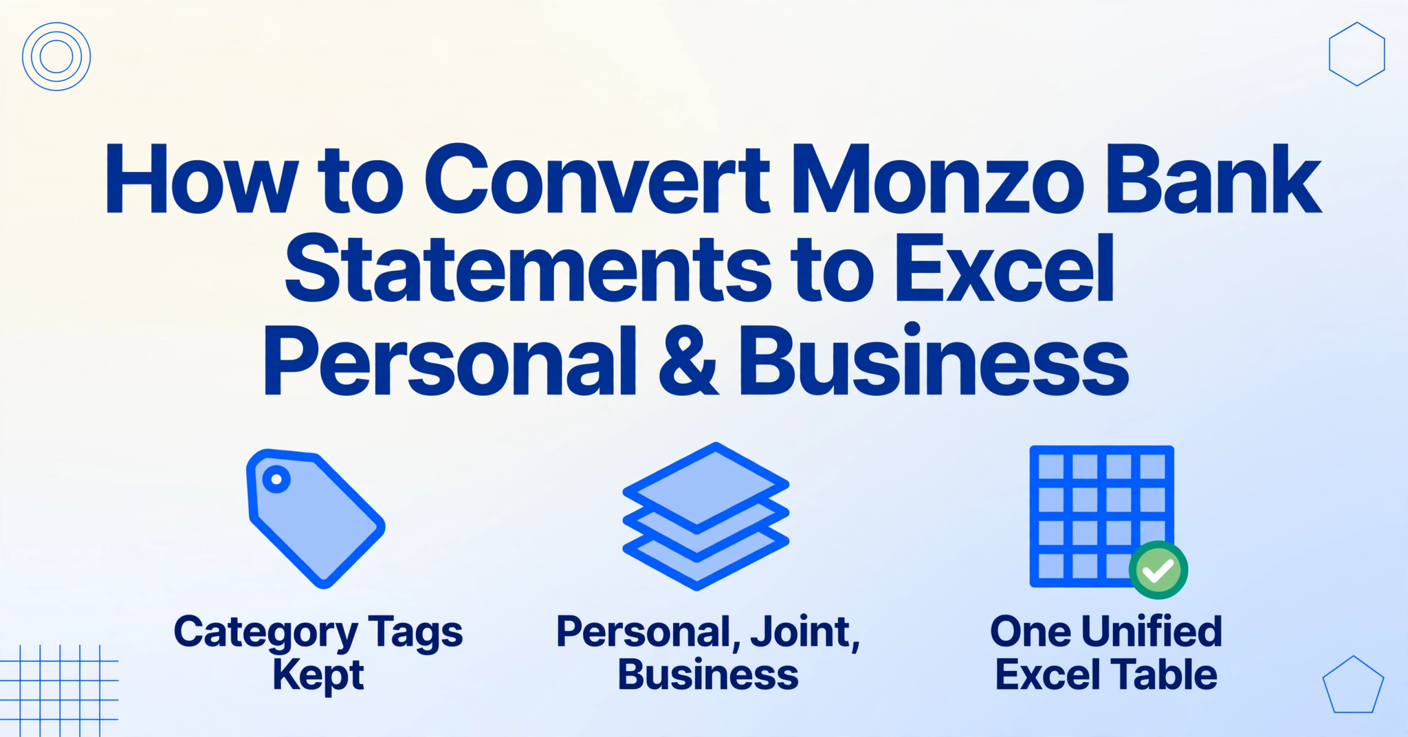 Ilustración principal con el título Cómo convertir extractos bancarios de Monzo a Excel, Personal y de empresa, más tres iconos planos: una etiqueta de categoría con el texto Etiquetas de categoría conservadas, documentos apilados con el texto Personal, Conjunta, Empresa, y una hoja de cálculo con una marca verde con el texto Una única tabla de Excel unificada.