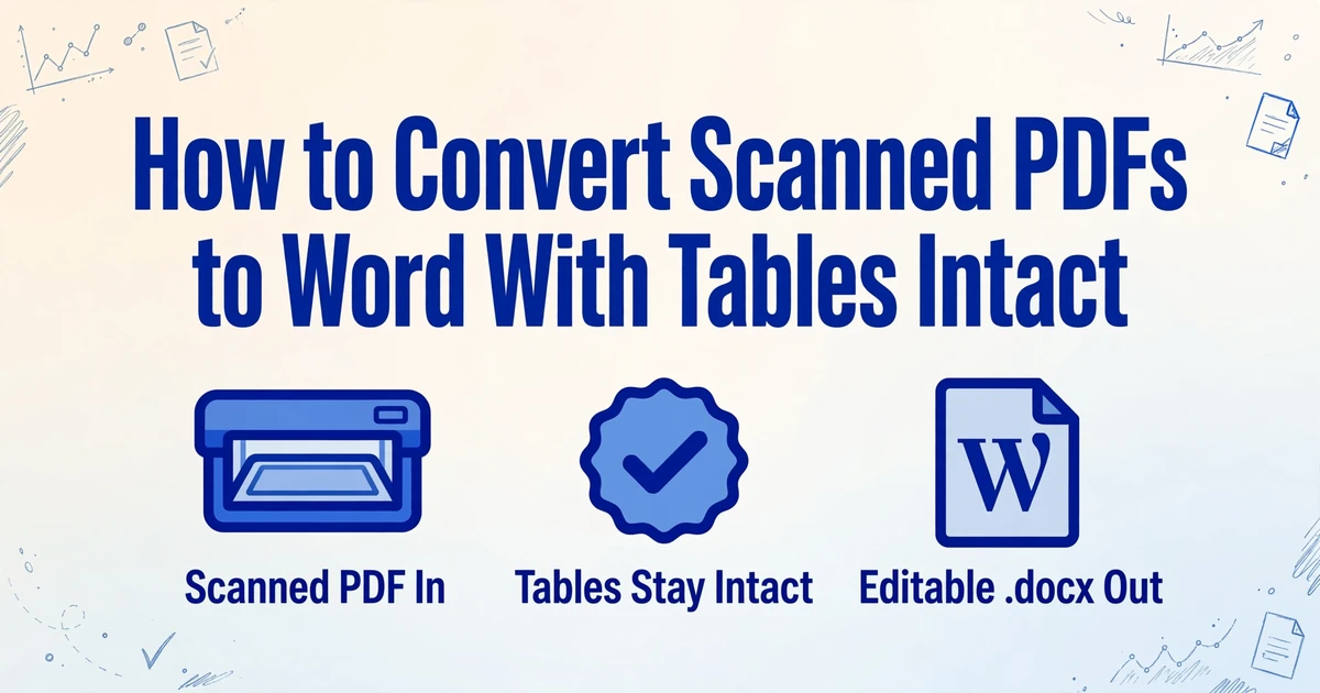 Hero image with title 'How to Convert Scanned PDFs to Word With Tables Intact' and three icons showing scanned PDF input, tables staying intact, and editable Word output