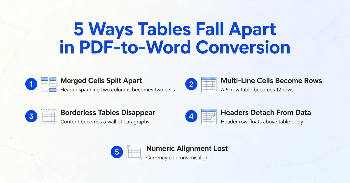 List of five ways tables break in PDF to Word conversion with numbered badges and descriptions: merged cells split, multi-line cells become rows, borderless tables disappear, headers detach, numeric alignment lost