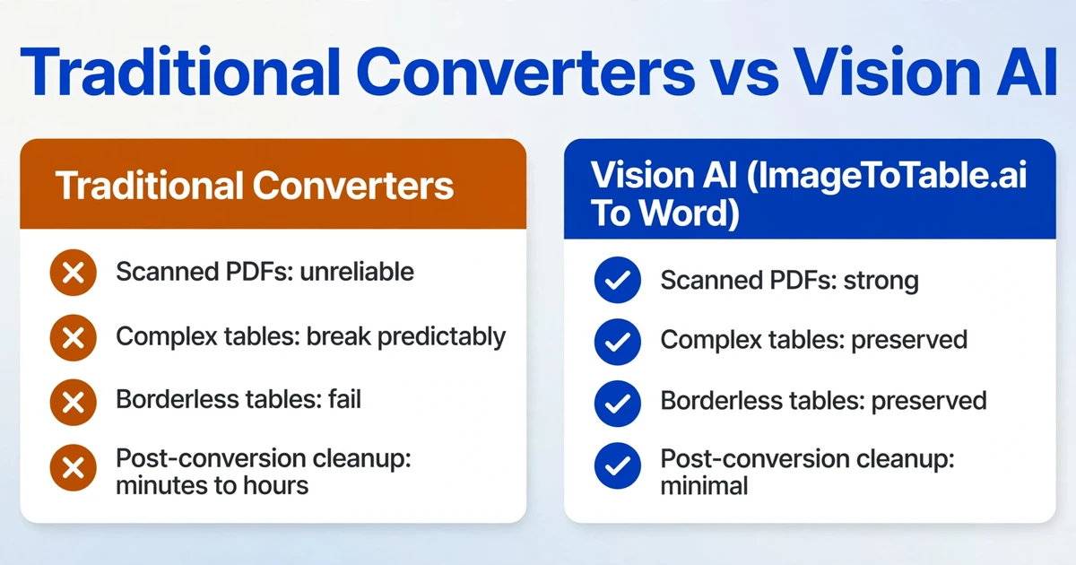 Two-card comparison showing traditional converters with red X marks for unreliable scanned PDF handling and broken complex tables, versus Vision AI with green checkmarks for preserved tables and minimal cleanup