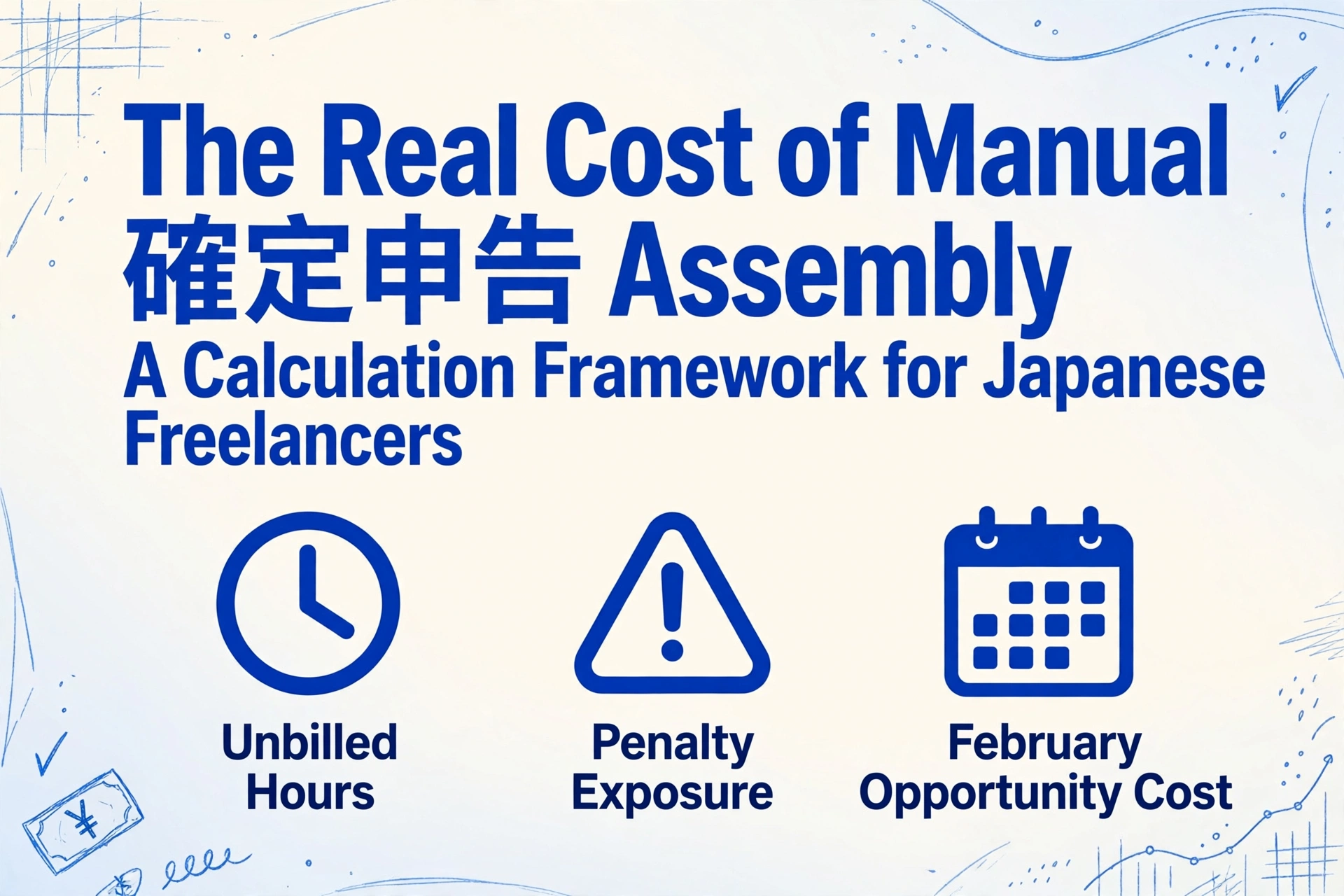 Blog cover image with the title 'The Real Cost of Manual 確定申告 Assembly: A Calculation Framework for Japanese Freelancers' in large dark blue text, with three icons below representing unbilled hours, penalty exposure, and February opportunity cost, on a cream-to-light-blue gradient background with hand-drawn blue line decorations