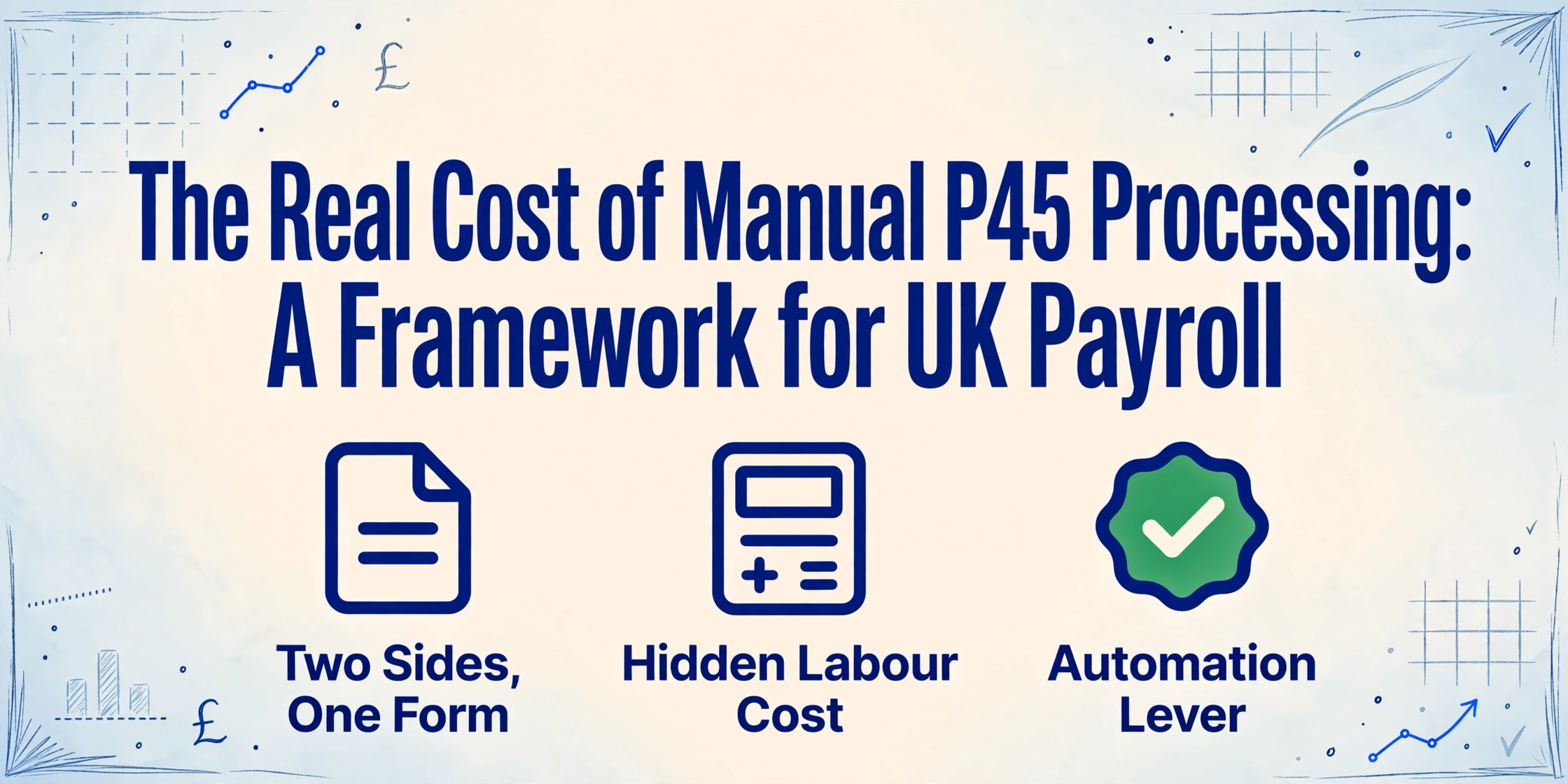 Blog cover image with the title 'The Real Cost of Manual P45 Processing: A Framework for UK Payroll' and three icons representing two sides of the form, hidden labour cost, and automation lever