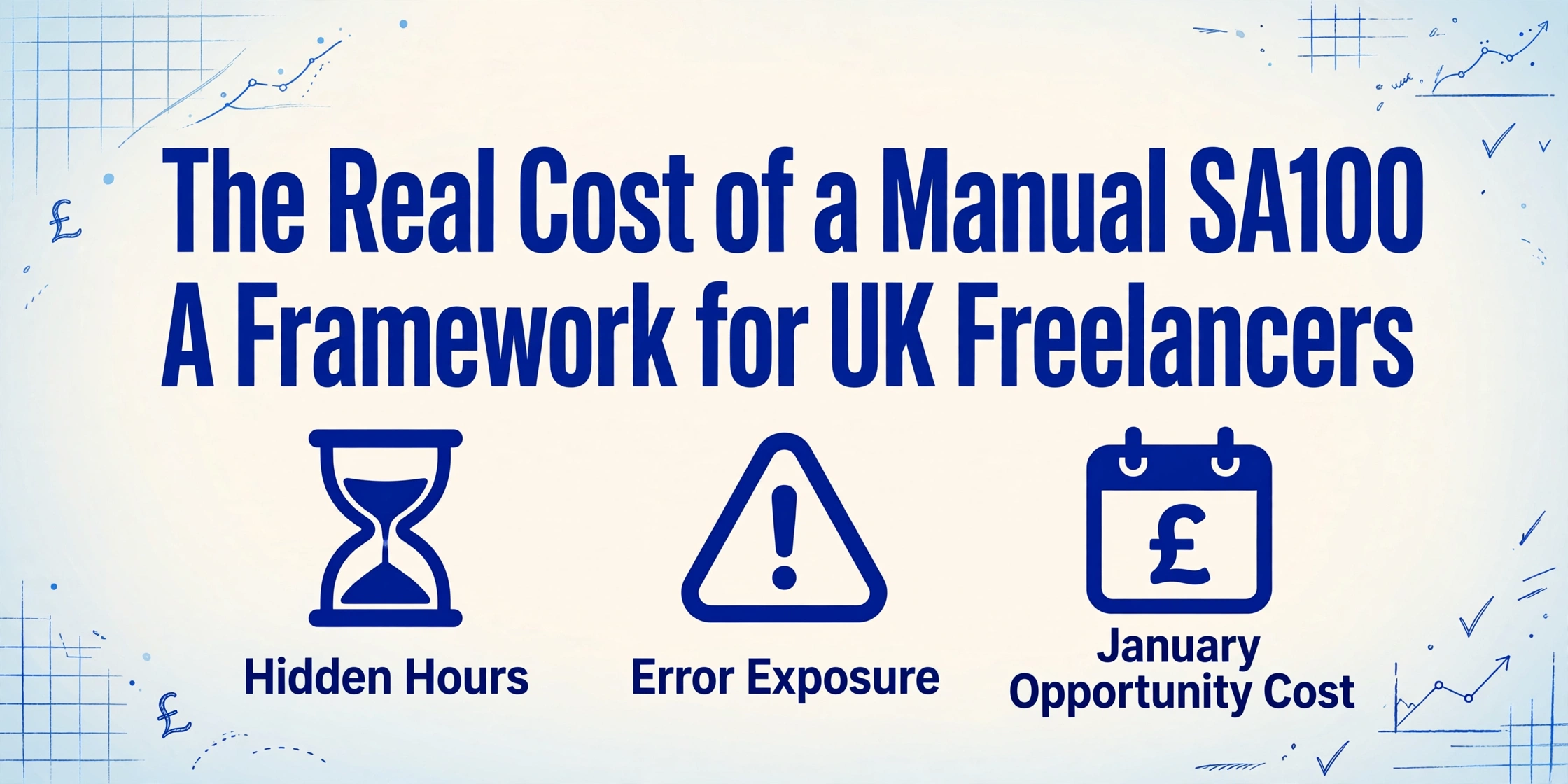 Blog cover image with the title 'The Real Cost of a Manual SA100: A Framework for UK Freelancers' in large dark blue bold text, with three icons below representing hidden hours, error exposure, and January opportunity cost, on a soft cream-to-light-blue gradient background with subtle blue hand-drawn financial doodles in the corners