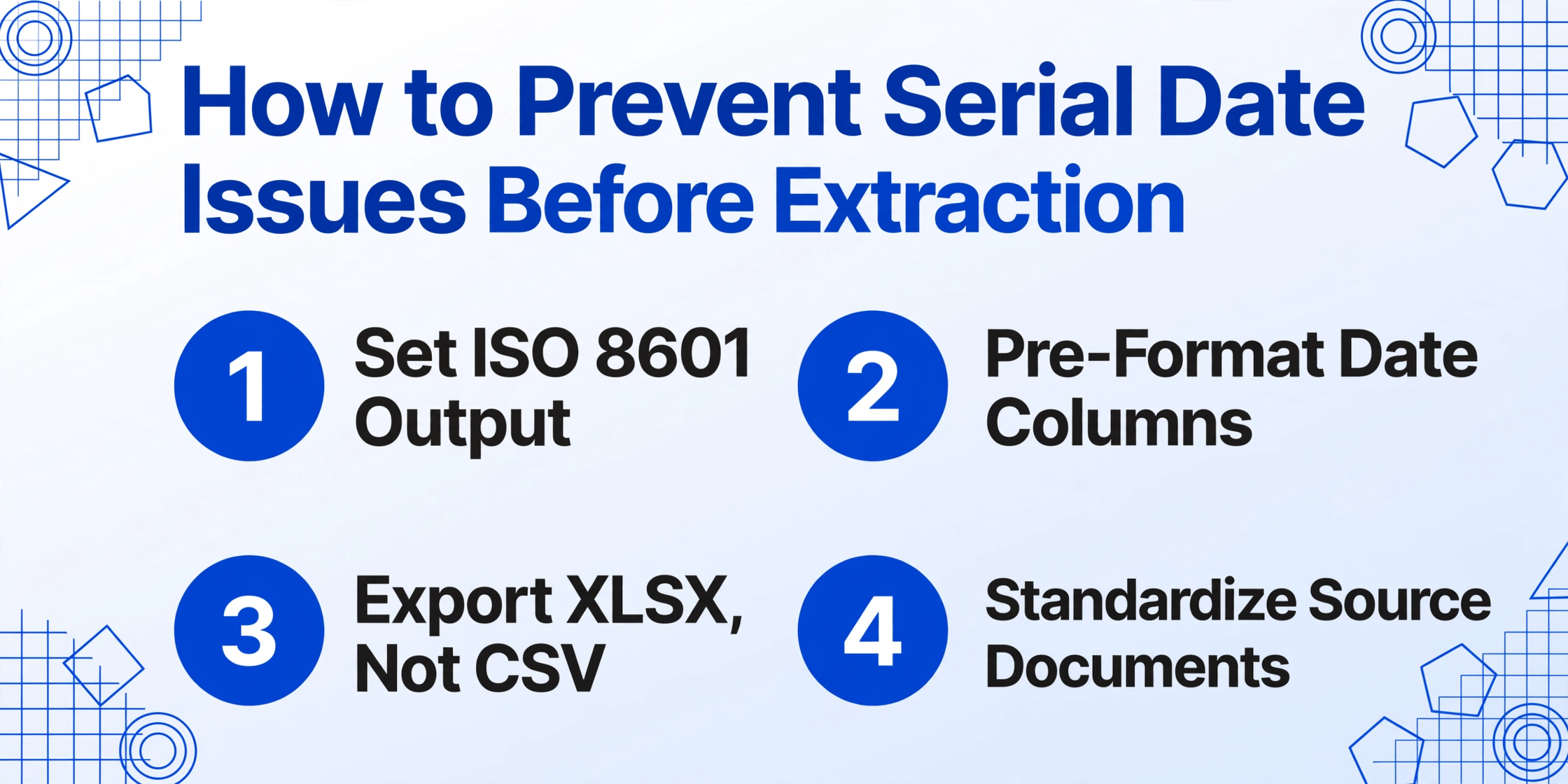 Four prevention steps for Excel serial date issues: Set ISO 8601 Output, Pre-Format Date Columns, Export XLSX Not CSV, Standardize Source Documents.