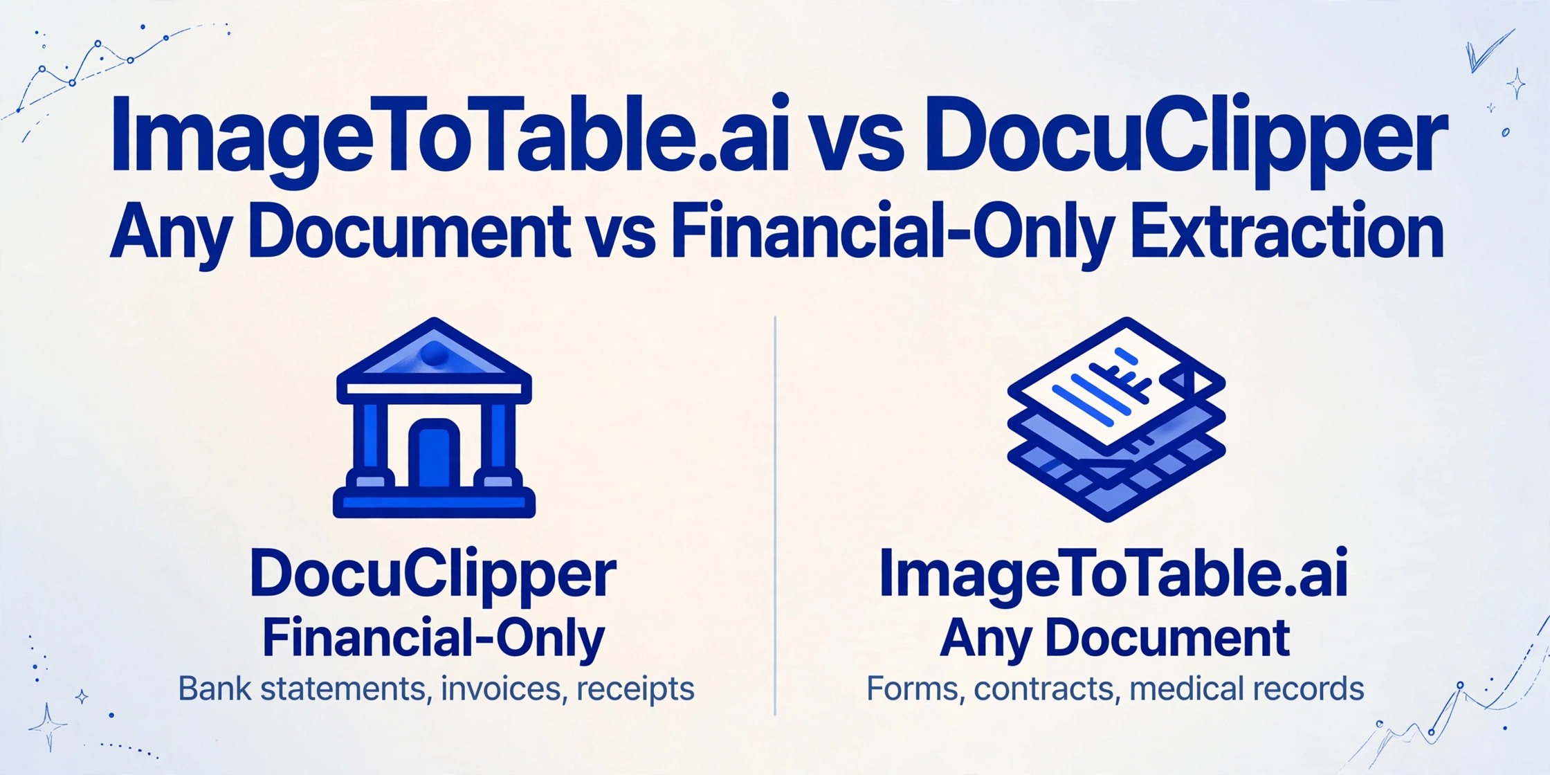 Seitlicher Vergleich von ImageToTable.ai und DocuClipper: beliebiges Dokument versus Nur-Finanzdokumente-Extraktion