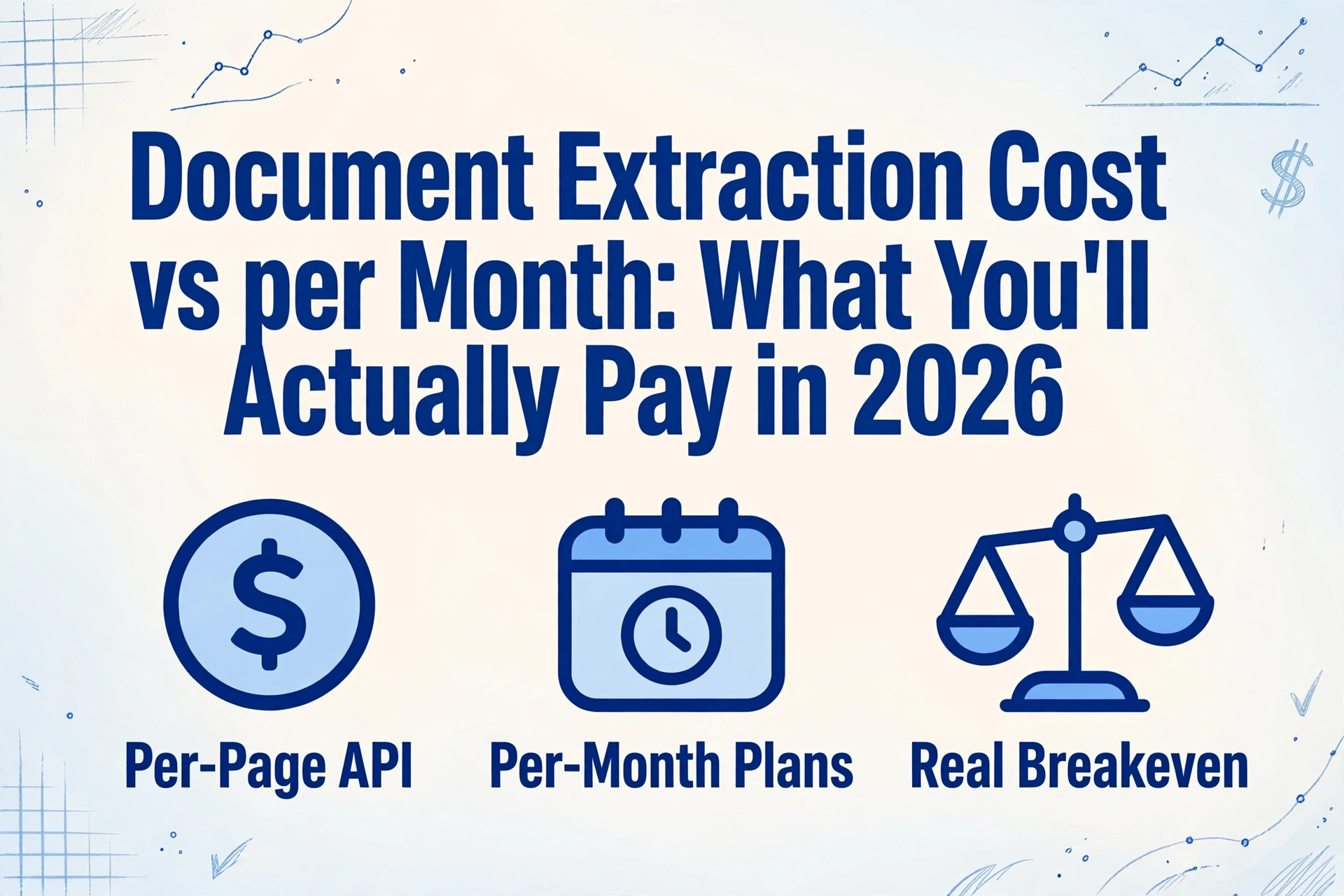 Hero image with the title 'Document Extraction Cost per Page vs per Month: What You'll Actually Pay in 2026' and three icons for Per-Page API, Per-Month Plans, and Real Breakeven