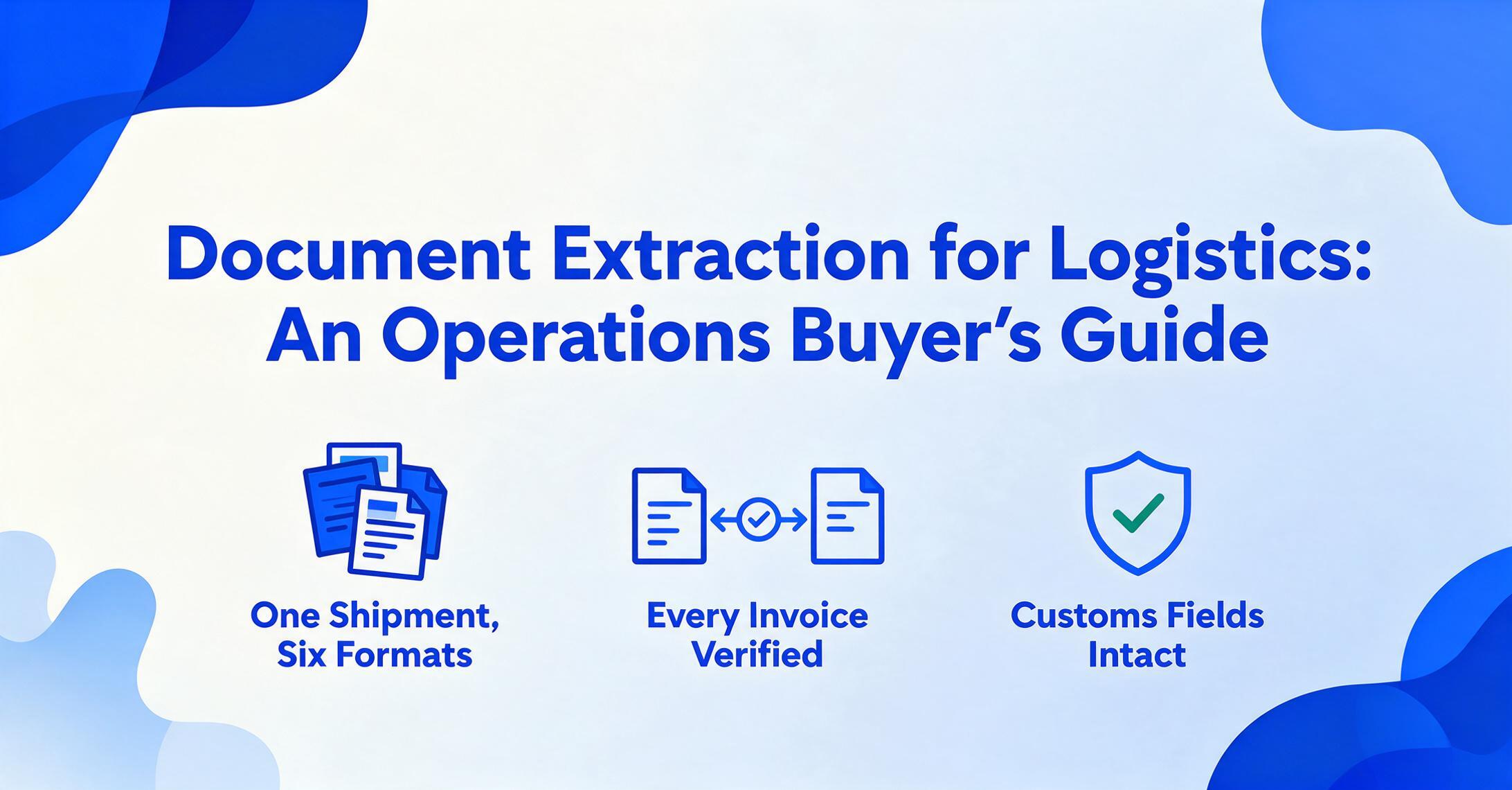 Blog cover graphic with the title Document Extraction for Logistics: An Operations Buyer's Guide and three flat icons for one shipment in six formats, verified invoices, and intact customs fields