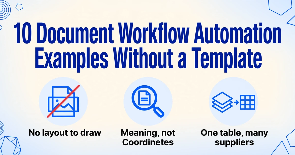Hero image titled '10 Document Workflow Automation Examples Without a Template' with three icons labeled 'No layout to draw', 'Meaning, not coordinates', and 'One table, many suppliers'