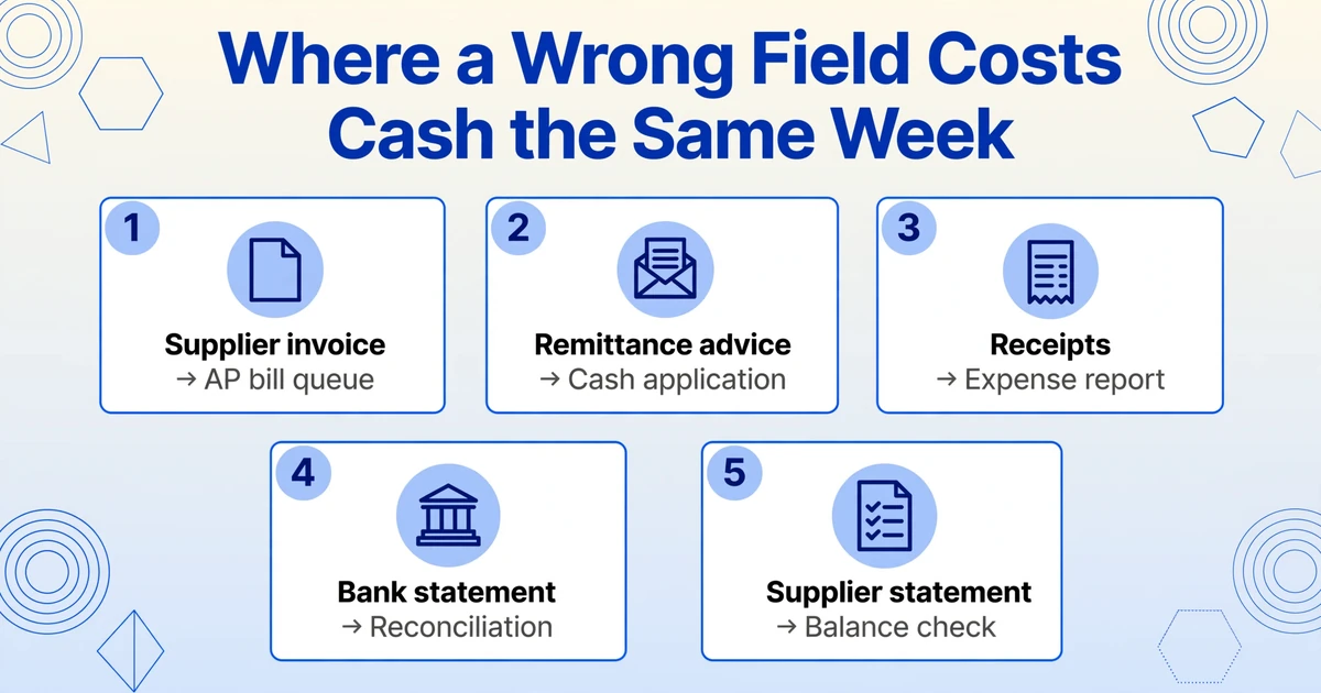 Five parallel cards titled 'Where a Wrong Field Costs Cash the Same Week': supplier invoice to AP bill queue, remittance advice to cash application, receipts to expense report, bank statement to reconciliation, and supplier statement to balance check