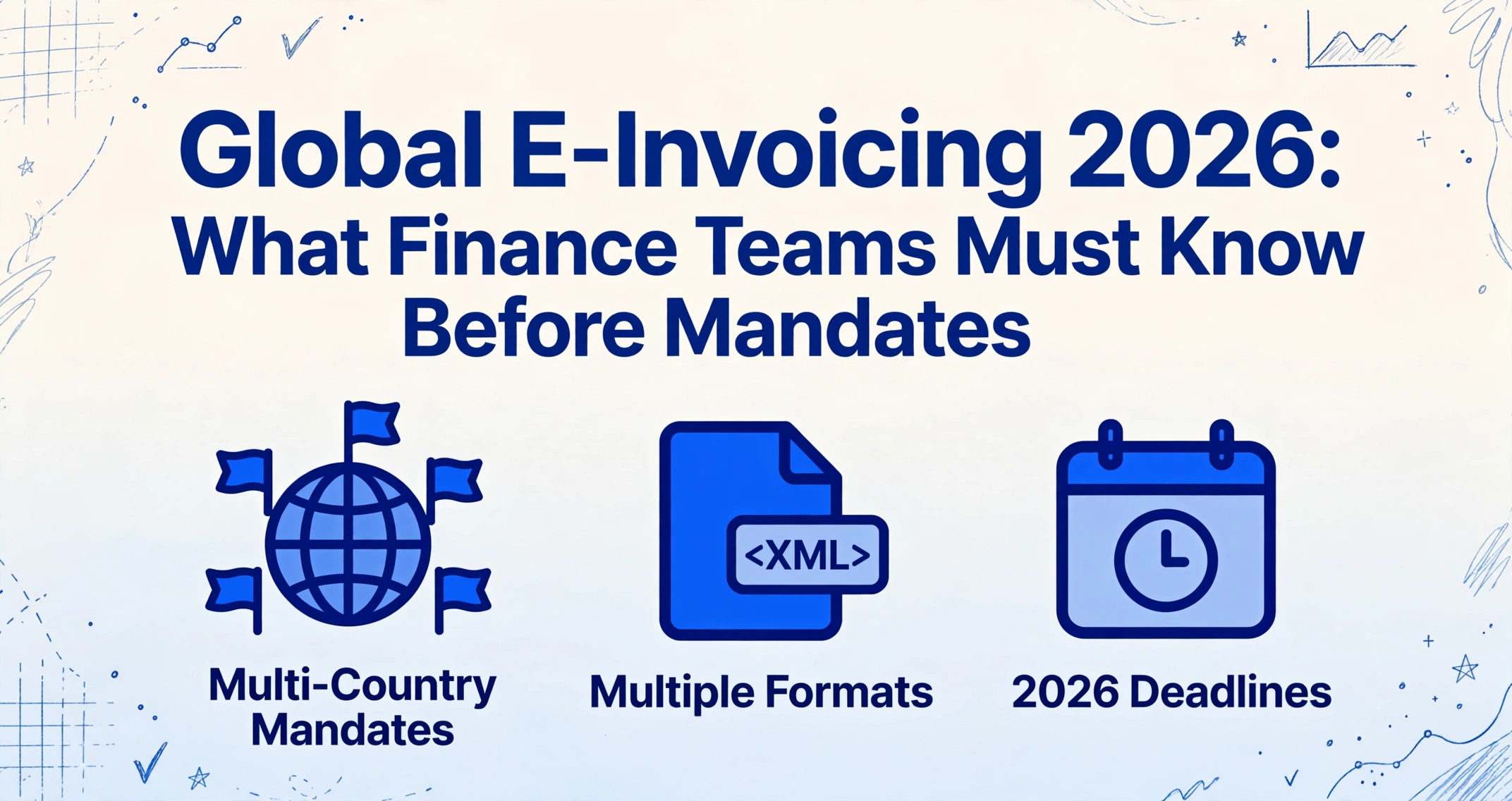 Global E-Invoicing 2026 hero image with title and three icons for multi-country mandates, multiple formats, and 2026 deadlines