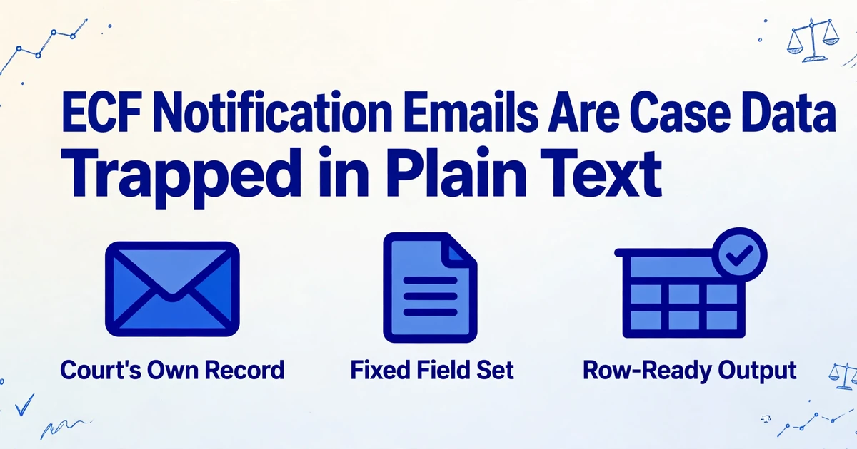 Hero image with the title 'ECF Notification Emails Are Case Data Trapped in Plain Text' and three icons for Court's Own Record, Fixed Field Set, and Row-Ready Output