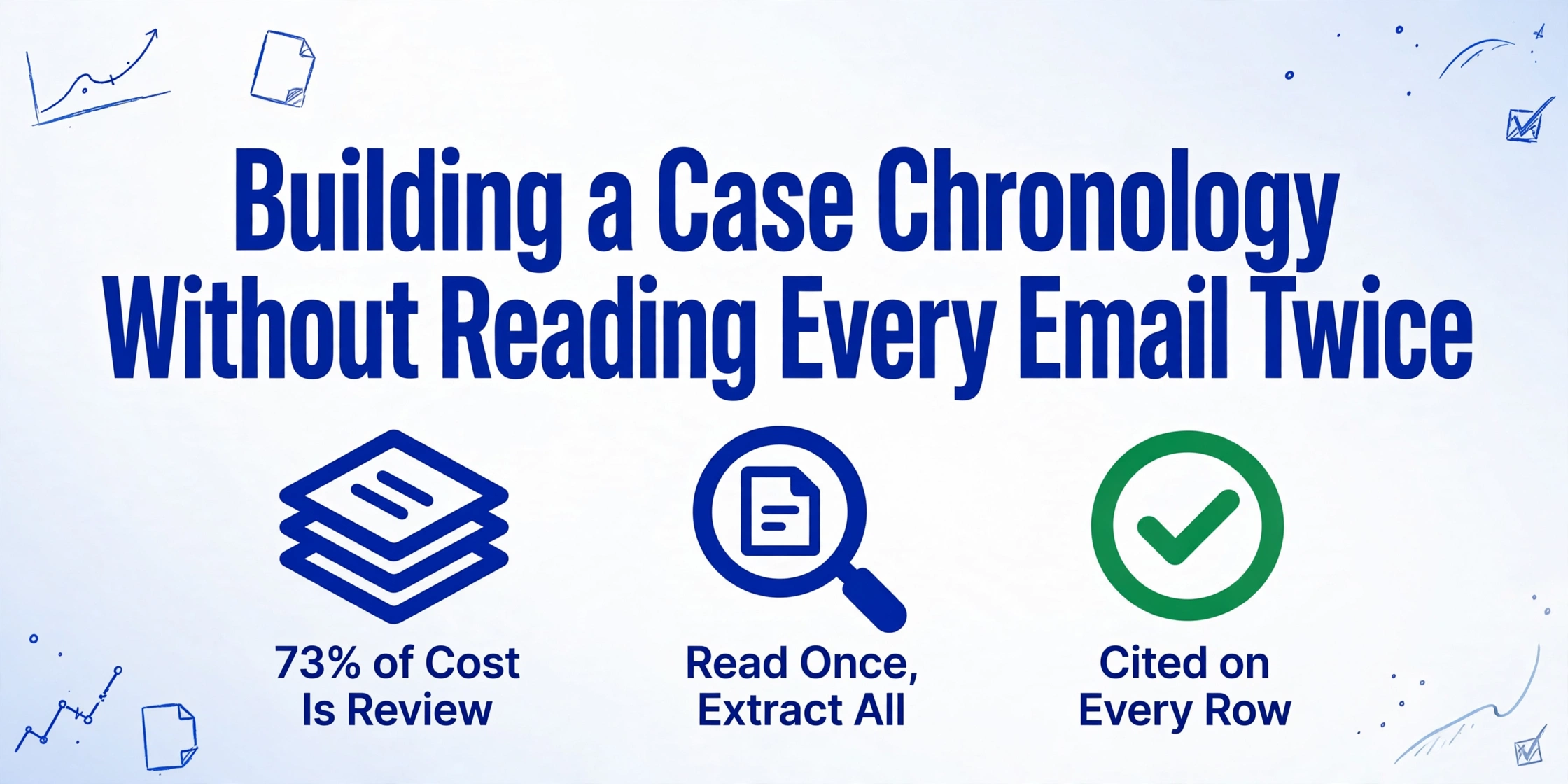 Blog cover image with the title 'Building a Case Chronology Without Reading Every Email Twice' in large dark blue text, below it three icons with labels '73% of Cost Is Review', 'Read Once, Extract All', and 'Cited on Every Row', with light blue hand-drawn decorative lines in the corners