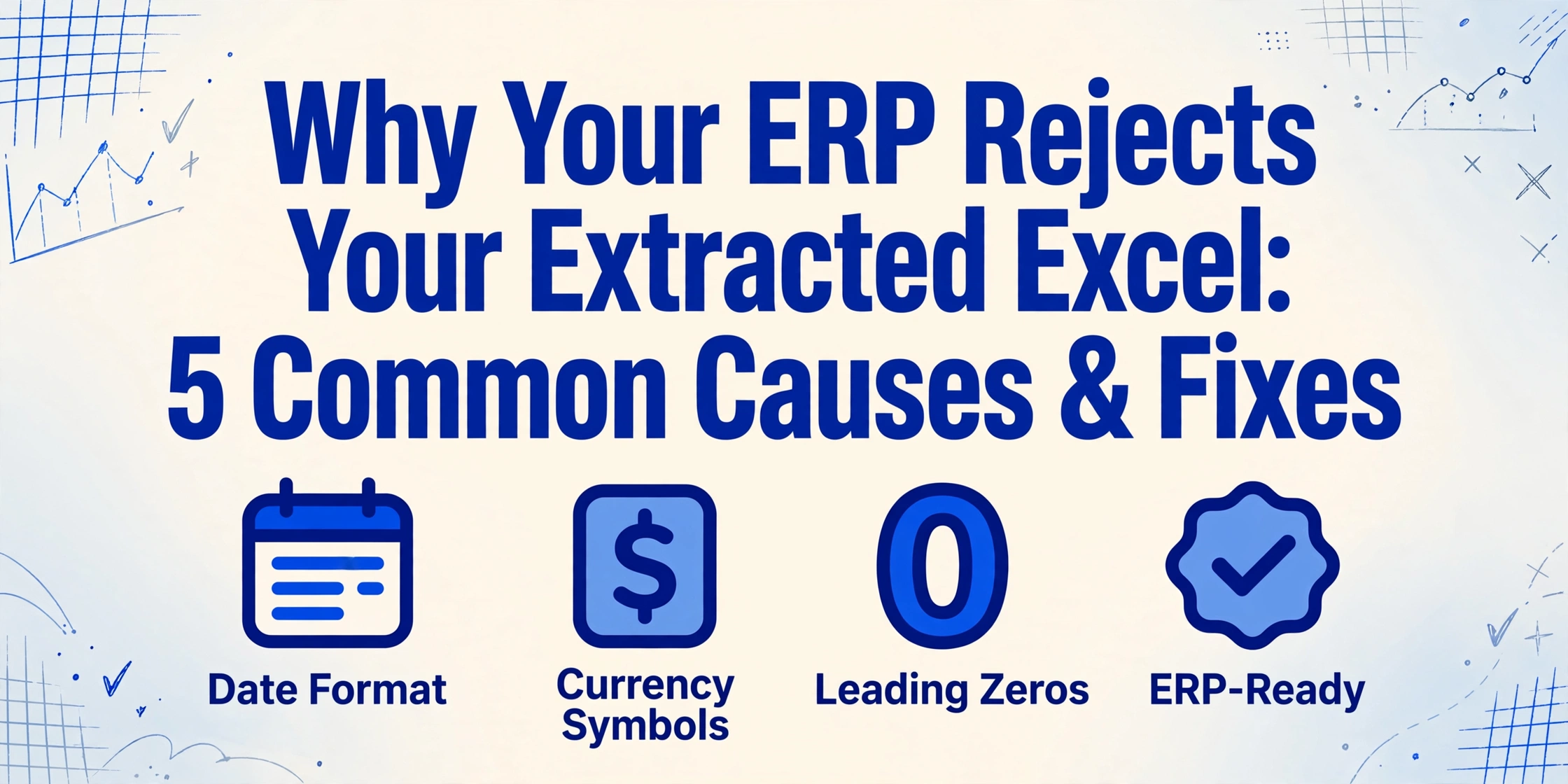 Editorial-style hero image with the title 'Why Your ERP Rejects Your Extracted Excel: 5 Common Causes & Fixes' in large dark blue text, with four icons below for Date Format, Currency Symbols, Leading Zeros, and ERP-Ready, on a light gradient background with hand-drawn blue line decorations.