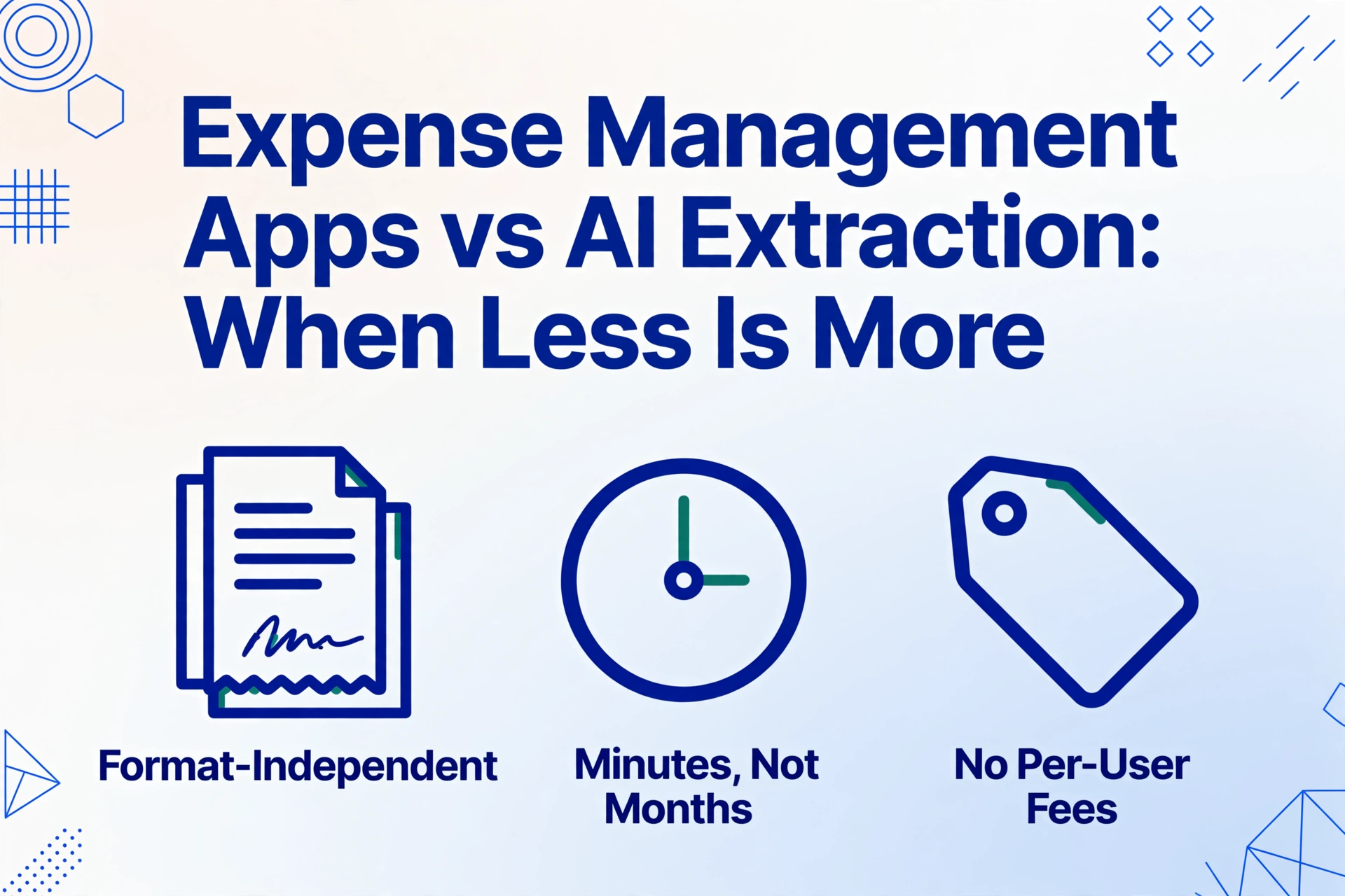 Blog hero image with the title 'Expense Management Apps vs AI Extraction: When Less Is More' in deep blue on a light gradient background, above three flat vector icons labeled Format-Independent, Minutes, Not Months, and No Per-User Fees.