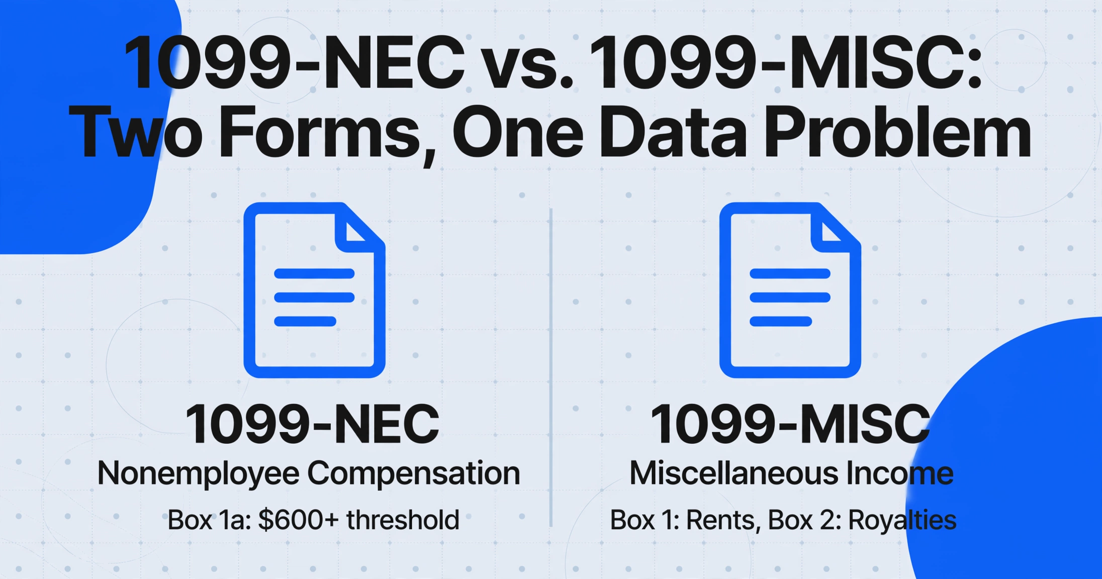 Two-column comparison of 1099-NEC and 1099-MISC forms with key information