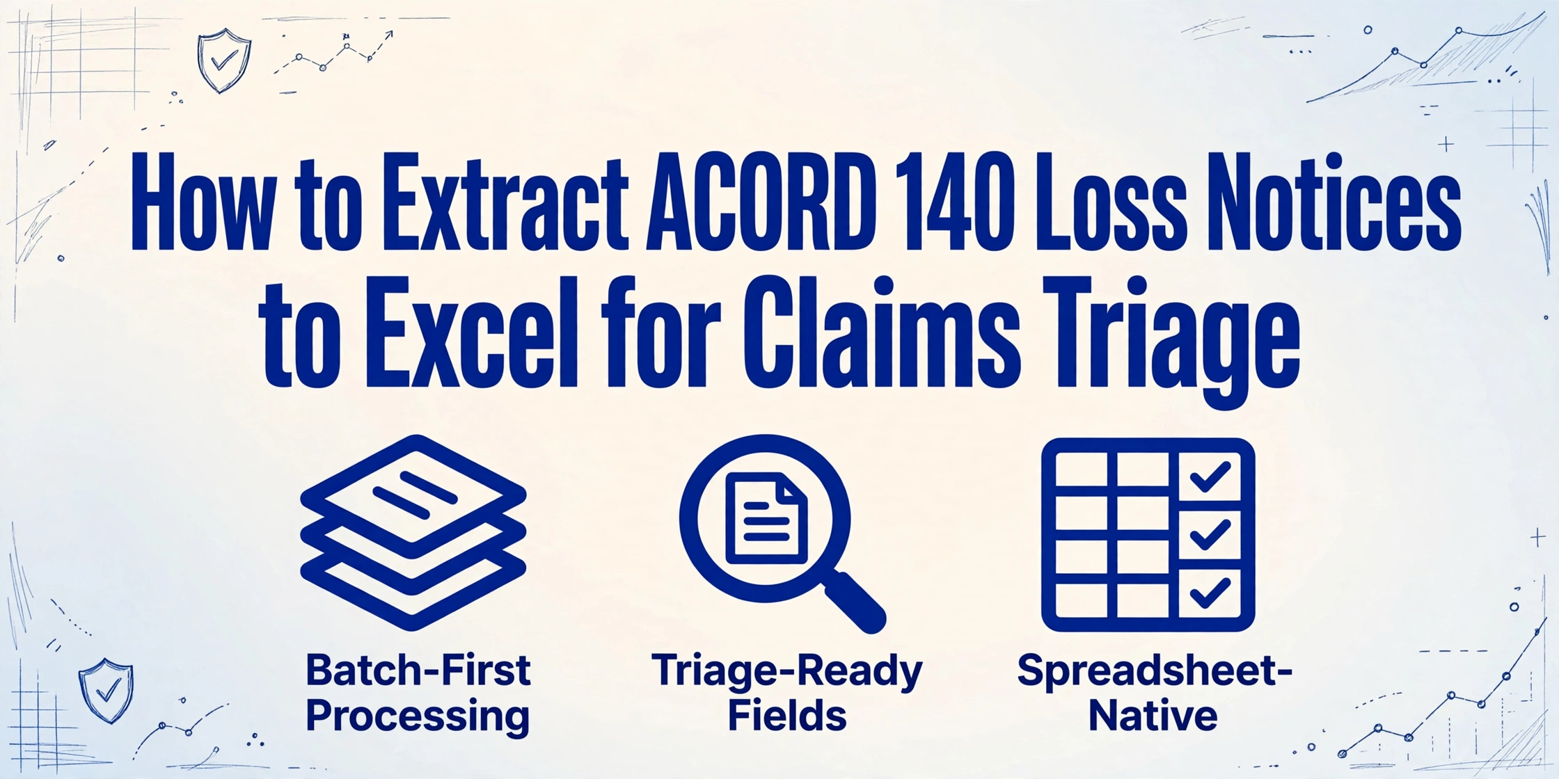 Hero image with the title 'How to Extract ACORD 140 Loss Notices to Excel for Claims Triage' and three icons for Batch-First Processing, Triage-Ready Fields, and Spreadsheet-Native